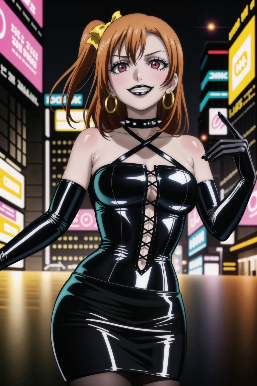 ((best quality)),  ((highly detailed)),  masterpiece,(Black lips:1.4), (white skin:1.4), ((official art)),  detailed face,  beautiful face, (cross-laced clothes:1.3), narrow_waist:1.3, dominatrix:1.4 , (intricate Black dress:1.4), (detailed eyes,  deep eyes),(science fiction, cyberpunk:1.3, street, shopping, pose:1.3, dancing:1.3),((smirk, grin, naughty face, seductive smile, smug)) ,cowboy shot,(lips), kousaka honoka, yellow hair bow, one side up, orange hair,  medium hair, (red eyes:1.3),   (spiked bracelet), corset:1.4, (black hoop earring:1.3), curvaceous, voluptuous body, (makeup:1.5) (lips:1.3), (latex:1.3),  (black tube top:1.2), gloves,elbow gloves, skirt, black choker, pencil skirt, pantyhose, miniskirt, (black skirt), black gloves, black legwear, black nails,large breasts:1.2, (intricately detailed, hyperdetailed), blurry background, depth of field, best quality, masterpiece, intricate details, tonemapping, sharp focus, hyper detailed, trending on Artstation, 1 girl, solo, high res, official art,RockOfSuccubus,kousaka honoka,honoka kousaka,,<lora:659111690174031528:1.0>