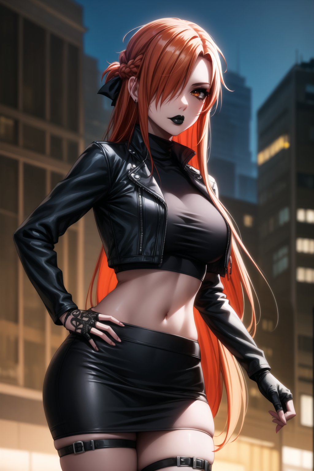 ((best quality)), ((highly detailed)), masterpiece, ((official art)), detailed face, beautiful face, (detailed eyes, deep eyes), seductive posing, (cowboy shot),aaasuna, long hair, brown hair,braid, brown eyes,  (sexy:1.3),  (long straight red hair, orange hair, long straight hair, hair covering one eye:1.3), (makeup, black lips:1.3),( pale white skin, very white skin, goth, long eyelashes), tattoo:1.2, medium to big breasts, black gloves, black jacket:1.2, black skirt:1.2, closed mouth, cowboy shot, ((turtleneck, black crop top)), hoop earrings, fingerless gloves, gloves, highres, black leather jacket, jewelry, , midriff, miniskirt, navel, pencil skirt, skirt, solo, standing, stomach, striped, striped bow, thigh strap, city street, nighttime, intricately detailed, hyperdetailed, blurry background, depth of field, best quality, masterpiece, intricate details, tonemapping, sharp focus, hyper detailed, trending on Artstation, 1 girl, high res, official art,asuna yuuki