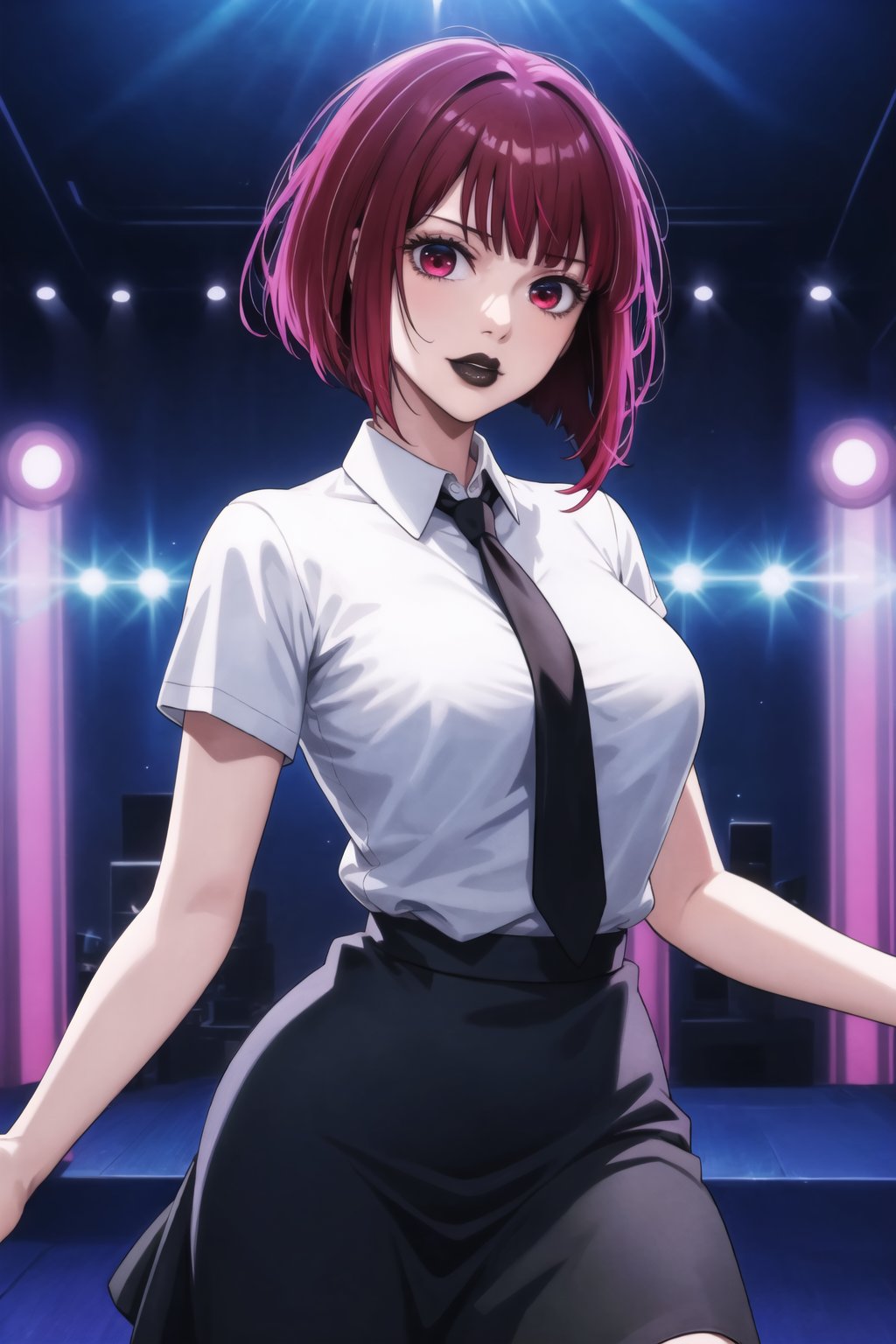 (best quality), (highly detailed), masterpiece, (official art), aakana, short hair,  red eyes, , solo,  lips:1.2, black lips:1.4, lipstick:1.2, skirt, black neckktie, latex:1.2, pencil_skirt, shirt, standing, looking at viewer, white shirt, breasts, black skirt, looking at viewer, (/nightclub scene, neon lights), , club, (nigth club), ,hd quality, perfect face ,realistic, realistic body , perfect face sync,night club,StandingAtAttention,marinette,night club,b1mb0, 