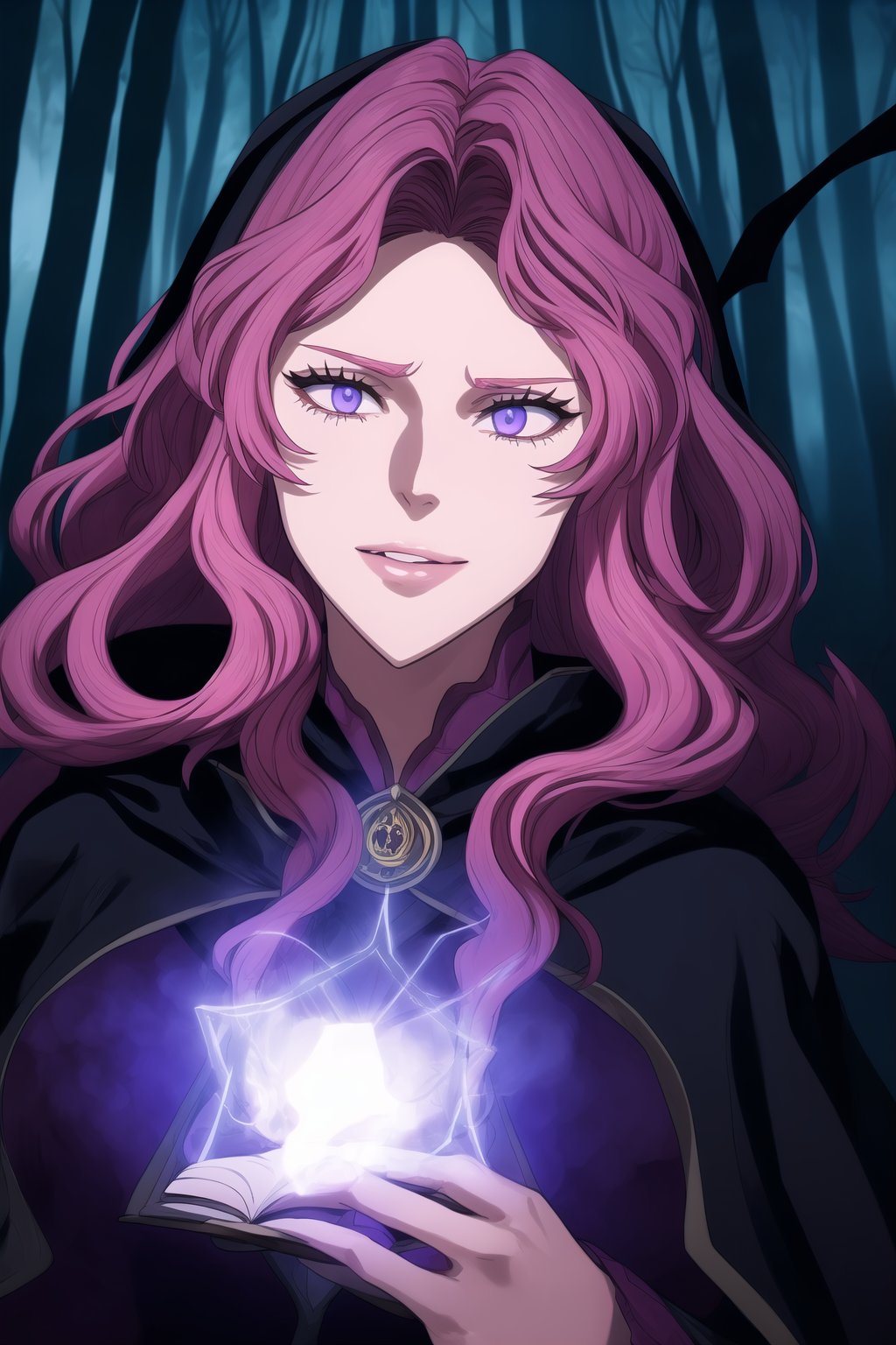 ,(masterpiece, best quality, very aesthetic, ultra detailed), lips, black lips:1.2, evil smile, evil, villain, corrupted, dark persona,intricate details, 4k, Vanessa, purple eyes,  (long straight pink hair, dark pink hair, long wavy hair),   as an evil sorceress, with dark magical energy swirling around her, in a dark, mystical forest. She wears a dark, flowing robe with glowing blue runes, and a hood that shadows her face, adding to her ominous presence. The background is filled with twisted trees and ominous fog, lit by ghostly blue light. Created Using: dark fantasy anime style, magical realism, detailed character design, ethereal lighting, digital painting, intricate