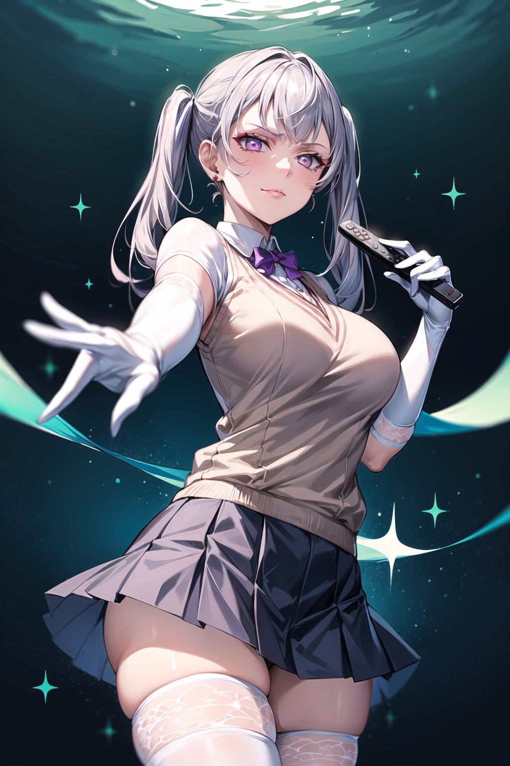 ((best quality)),  ((highly detailed)),  masterpiece,1girl, noelle_silva, silver hair,purple eyes, twintails, bangs, earrings, jewelry, ((remote_control, aiming_at_viewer, closed_mouth, sparkling_eyes, smug, shaded_face)),(large breasts), tokiwadai school uniform, sweater vest, short sleeves, (](white gloves, elbow gloves)), pleated skirt, white thighhighs ,1girl, lips:1.2, makeup:1.2, ((gyaru)) , looking at viewer, standing, cowboy shot, school, 