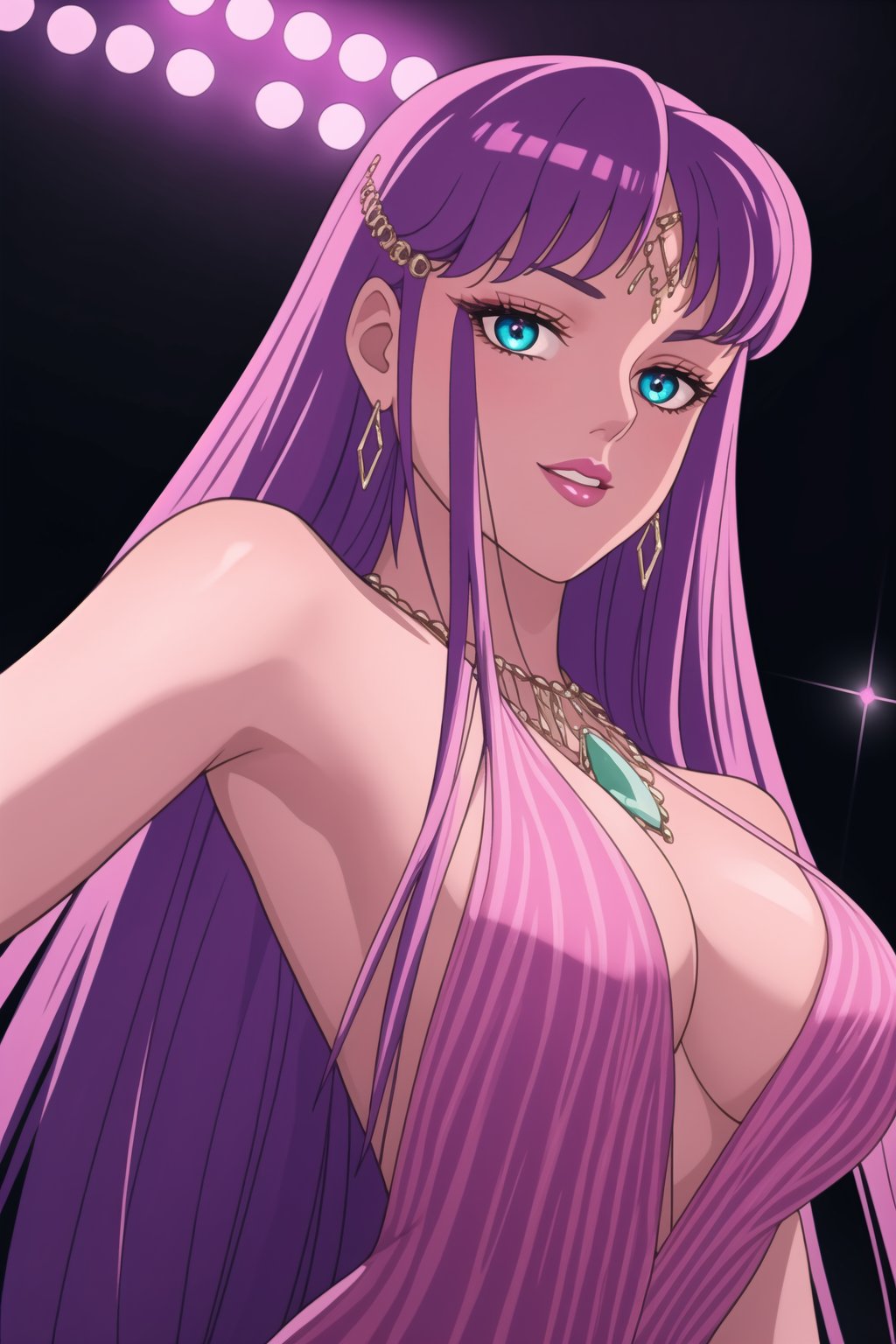 In a dimly lit nightclub, Saori's mesmerizing purple hair cascades down her back as she dances seductively in front of a backdrop of neon lights. Her lips are painted a bold shade of pink, matching the hue of her eyes. She wears striking black earrings and has a gemstone jewel on her forehead, adding to her glamorous appearance. Marinette and B1mb0 cheerfully join in, their perfect faces and realistic bodies illuminated by the flashing club lights.