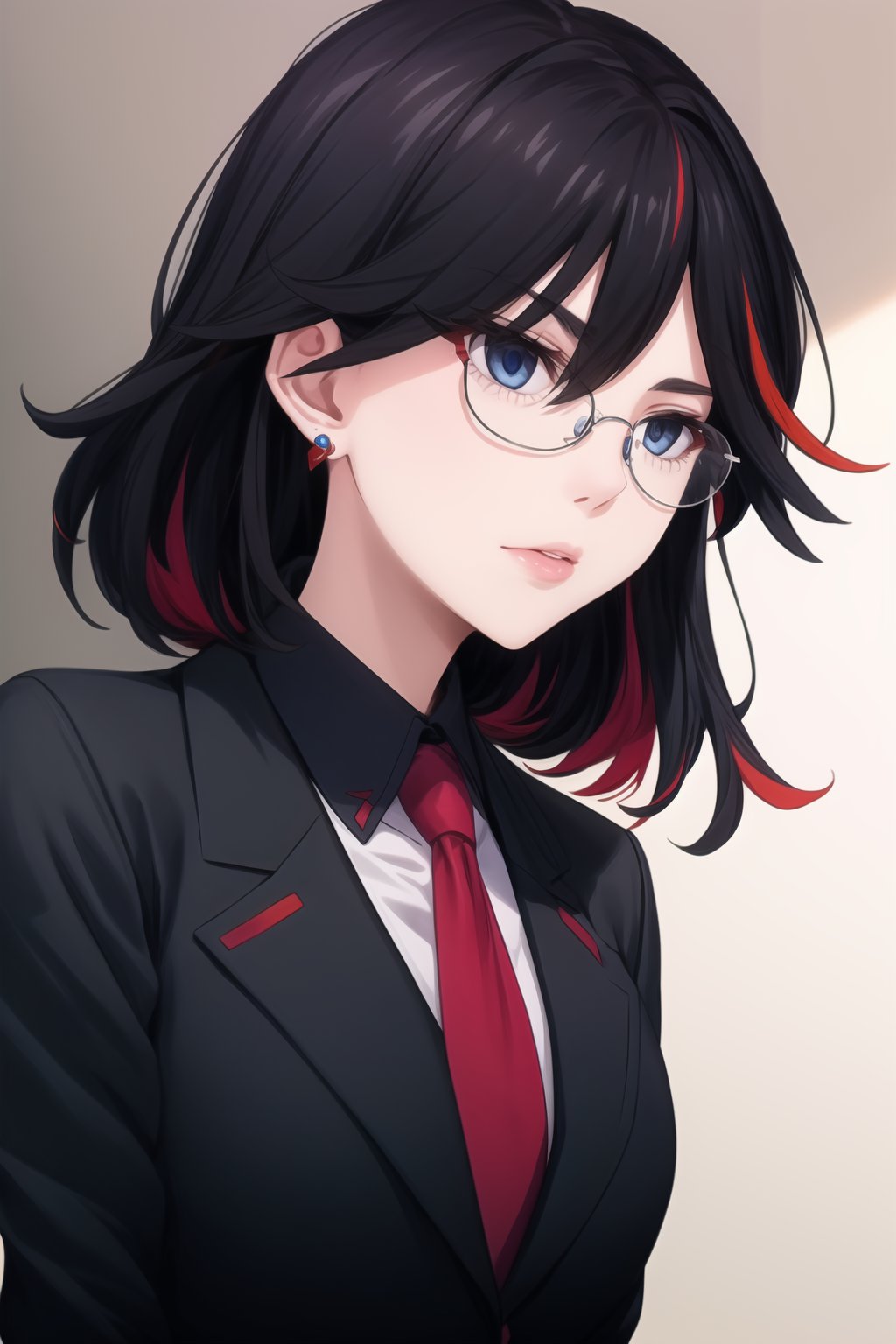 Ryuuko Matoi, the SKS Office Lady, stands stoic in a close-up shot. Her long, multicolored hair, while her blue eyes appear empty and expressionless. The subtle parting of her lips gives an air of subtle hypnosis. She wears glasses with red frames, a pencil skirt, pantyhose, earrings, and a necktie, exuding professionalism in formal attire. Her black hair streaked with red hues falls just above her shoulders, framing her bespectacled face.