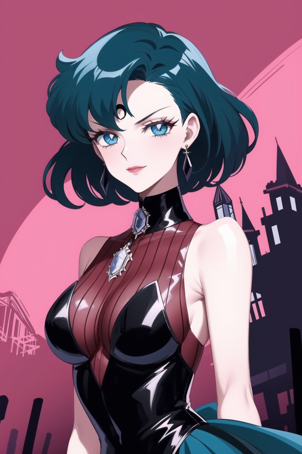 evil smile, red eyes, jewelry,  earrings, makeup, facial mark, lipstick,  forehead mark, crescent facial mark, crystal earrings,crescent, mer1, short hair, blue hair
(best quality), (highly detailed), masterpiece, (official art), A dark and mysterious female character inspired by classic anime style, with a gothic yet elegant appearance.  Her eyes are a striking, deep purple, matching the darker tones in her hair. She has a cold, expressionless face with pale skin and dark, bold lips, giving her a commanding and intimidating presence. She wears a form-fitting, sleeveless, dark blue dress that accentuates her figure. The dress has a high collar and an intricate, layered design with pointed edges at the hem. A series of pearl chains drape gracefully over her shoulders, adding a touch of sophistication and luxury to her outfit. The pearls contrast against the dark tones of her attire, drawing attention to her upper body. Her accessories include dangling pearl earrings that match the chains on her dress, enhancing her overall aristocratic and refined appearance. The background is kept simple to focus on the character, highlighting her gothic elegance and the intricate details of her attire. The overall atmosphere is dark and mysterious, with a sense of power and control emanating from her poised stance.