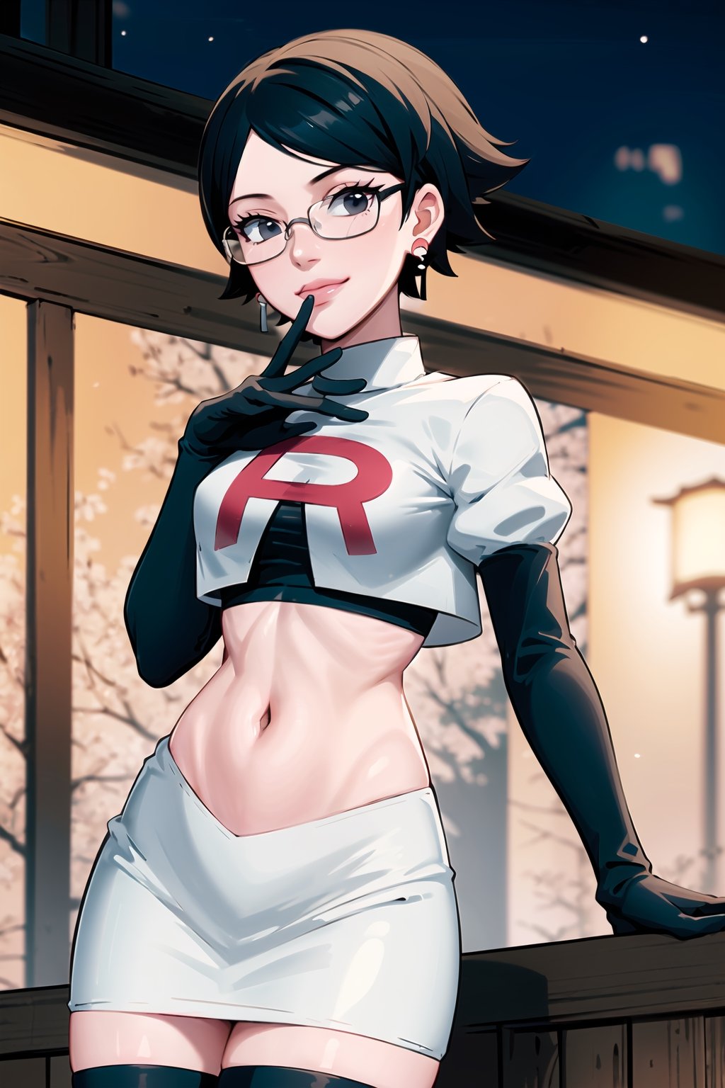 (best quality), (highly detailed), masterpiece, (official art), sarada, black eyes, jewelry, earrings , choker, glasses, swept bangs, posing, lips, smile, Team Rocket, cropped jacket, white jacket, crop top, jacket, gloves, black gloves, elbow gloves, navel, midriff, white skirt, miniskirt, skirt, thighhighs,, looking at viewer, china, asiática, city, night, sky, (intricately detailed, hyperdetailed), blurry background,depth of field, best quality, masterpiece, intricate details, tonemapping, sharp focus, hyper detailed, trending on Artstation,1 girl, high res, official art,sarada