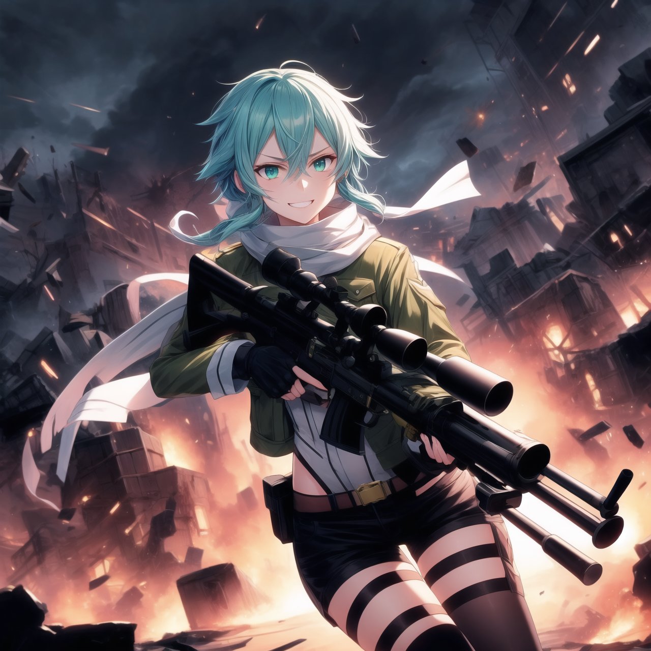 Highly detailed anime illustration of Sinon in the midst of a desolate battlefield, her blue hair whipping in the wind as she fires her sniper rifle with deadly precision. Her sharp aqua eyes, partially obscured by strands of hair, gleam with a twisted joy, and a sadistic smile spreads across her face, reflecting her dark pleasure in the chaos of combat.

sinon1 is dressed in her signature combat outfit: a green cropped jacket open at the front, revealing a white scarf that flutters as she moves. Her black shorts and fingerless gloves are practical for the fight, while her sniper rifle is held firmly, aimed with unwavering focus. The rifle's muzzle flashes brightly, illuminating the battlefield in sharp, cold light.

The surrounding environment is bleak and war-torn, with crumbling structures and a cloudy, dark sky overhead, adding to the tension and intensity of the scene. The ground is littered with debris, evidence of the ongoing conflict. Shadows and light play across her form, emphasizing her role as a hunter in this grim setting.

Despite the devastation around her, Sinon’s sadistic smile and the gleam in her eyes make it clear she relishes the battle, her laughter echoing amidst the destruction. Every shot she takes is precise, her enjoyment of the fight apparent in every detail of her expression and posture.

Key Details:

The sniper rifle is depicted in high detail, with visible muzzle flash and recoil captured mid-shot.
Sinon's expression is the focal point, her sadistic smile and bright, crazed eyes adding a layer of psychological depth.
The battlefield is grim, with dark, moody lighting that contrasts with the bright flashes of gunfire.
Her pose is dynamic, with the rifle held steady as she fires, her body language exuding confidence and delight in the violence.
The overall atmosphere is dark and intense, highlighting Sinon's enjoyment of the chaos and her role as a formidable sniper in the heat of battle.