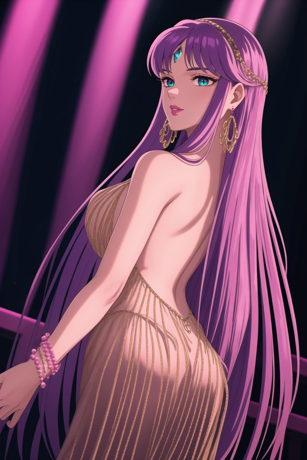 In a dimly lit nightclub, Saori's mesmerizing purple hair cascades down her back as she dances seductively in front of a backdrop of neon lights. Her lips are painted a bold shade of pink, matching the hue of her eyes. She wears striking black earrings and has a gemstone jewel on her forehead, adding to her glamorous appearance. Marinette and B1mb0 cheerfully join in, their perfect faces and realistic bodies illuminated by the flashing club lights.