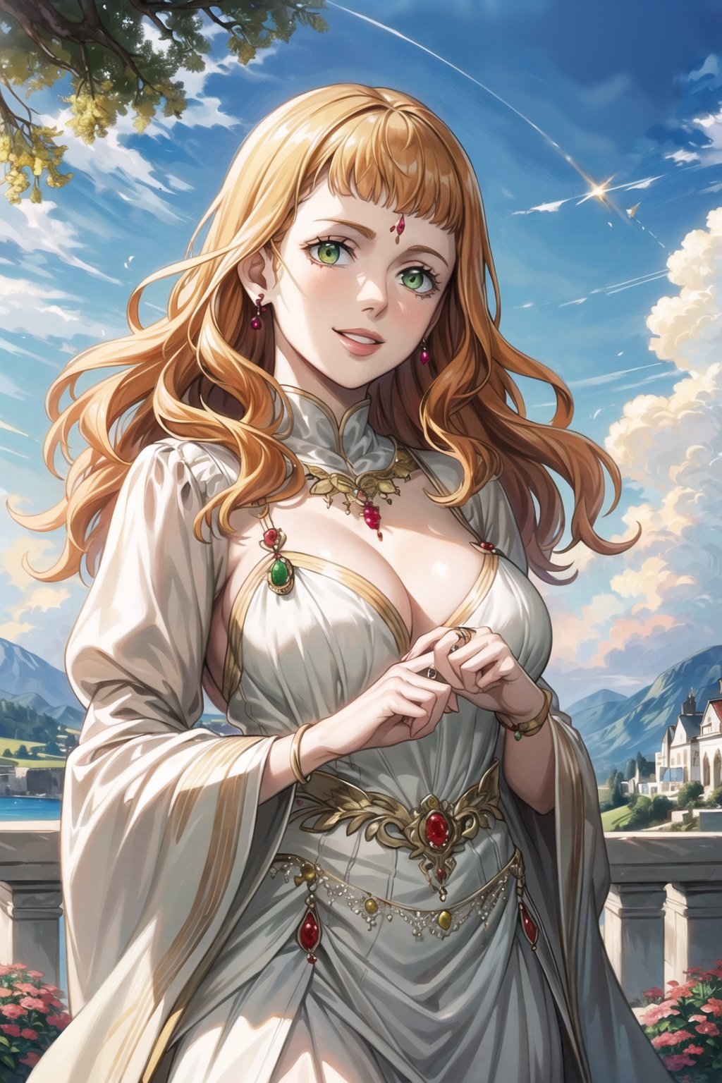 ((best quality)), ((highly detailed)), masterpiece, ((official art)), mimosa vermillion, orange hair, green eyes, floating_hair, smile, (lips), WHITE DRESS, (gold jewelery:1.3),(goddess), golden accesories ,best quality, masterpiece, intricate details, scenary, outdoors, flower, tree, day, cloud,trending on Artstation