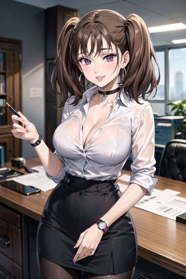 ((best quality)), ((highly detailed)), masterpiece, ((official art)), ( diane, twintails), (blonde hair:1.2), (office:1.3), (window, indoors, plant), (seductive smile), (makeup:1.2),(choker:1.2),(hoop earrings), (high-waist skirt:1.2), (black skirt), (collarbone, cleavage) , (lips:1.2), (narrow_waist:1.2) , wristwatch, skirt, solo, (cowboy shot:1.2), standing, pencil skirt,(seductive pose:1.2) collared shirt, (office lady), (white shirt:1.2), (formal:1.1), shirt tucked in, (skirt suit), black pantyhose, dress shirt, intricately detailed, hyperdetailed, blurry background, depth of field, best quality, masterpiece, intricate details, tonemapping, sharp focus, hyper detailed, trending on Artstation, 1 girl, high res, official art