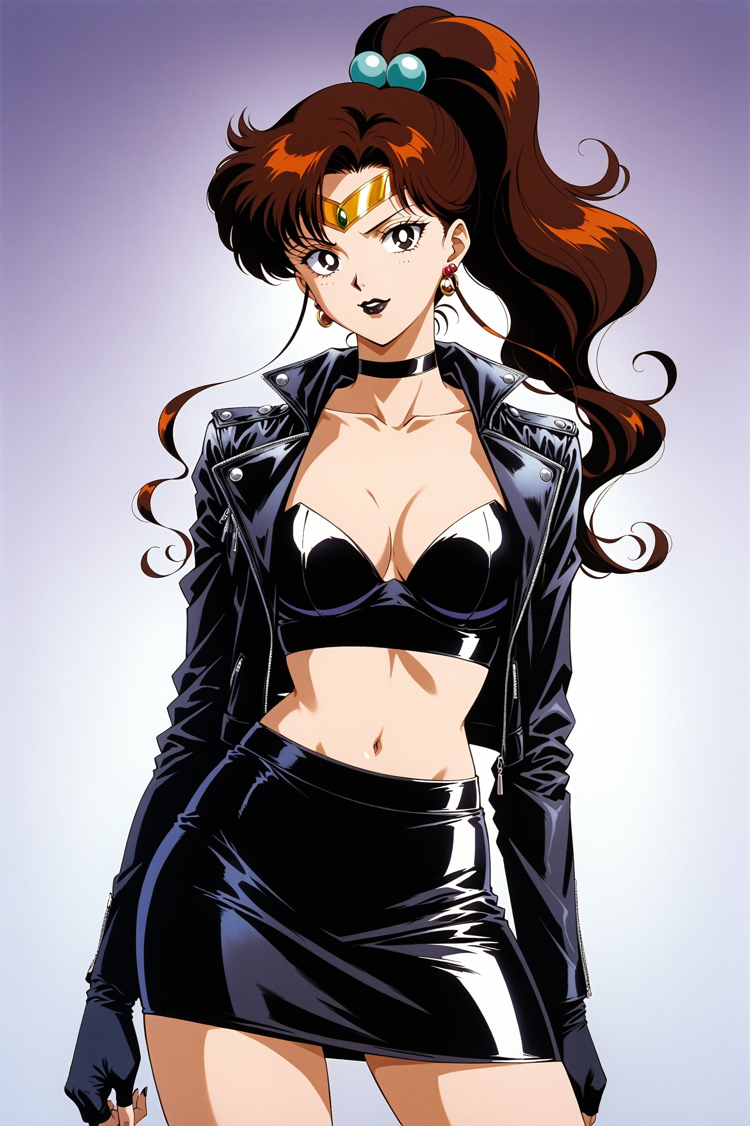 (masterpiece, best quality, very aesthetic, ultra detailed), lips, black lips:1.2, evil smile, evil, villain, corrupted, dark persona,intricate details, 4k, aajupiter, long hair, brown hair, ponytail, hair bobbles,, black gloves, black jacket:1.2, black skirt:1.2, breasts, cleavage, closed mouth, collarbone, cowboy shot, ((black crop top)), hoop earrings, fingerless gloves, gloves, highres, black leather jacket, jewelry, , medium breasts, midriff, miniskirt, navel, pencil skirt, skirt, solo, standing, stomach, striped, striped bow, thigh strap,((retro anime style, detailed retro anime)), tiara, black choker