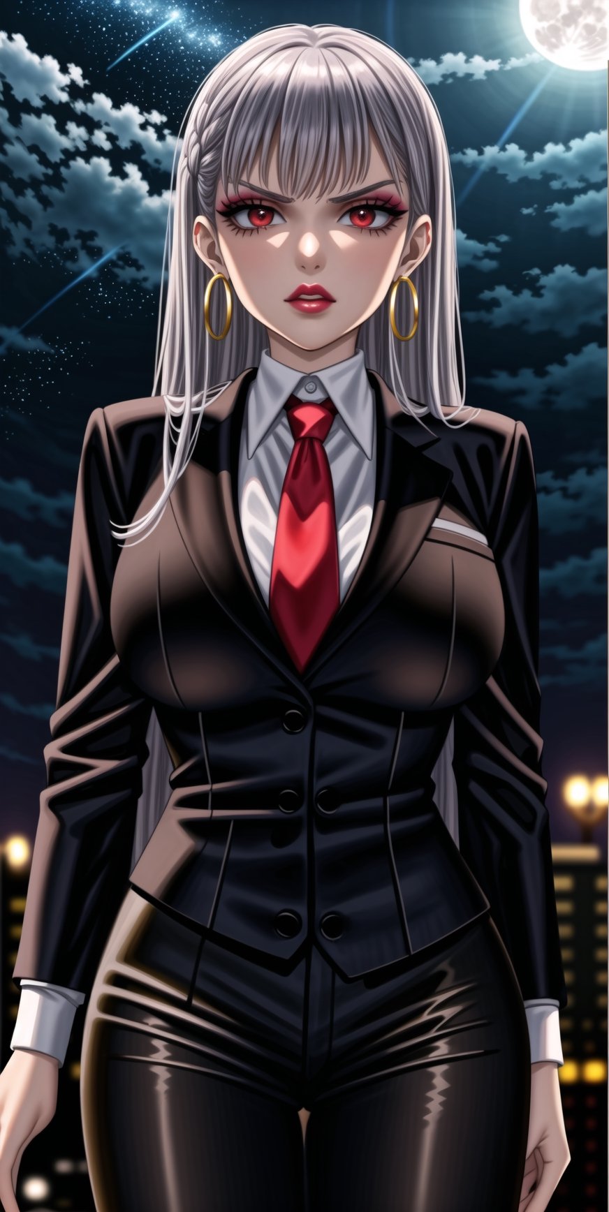 noelle_silva, bangs, silver hair, ((long hair)),  (((hoop earrings, makeup, lips))), ((large breast)) ,(((narrow_waist))), ((((black suit, black pants)))), white shirt, red necktie, 1girl, earrings, jewelry, night, solo, outdoors, city, star \(sky\), ((red necktie:1.2)), moon, night sky, red eyes, starry sky, sky, shirt, moonlight, formal, standing, full moon, suit, cowboy shot, day,  pants, blue sky,((((black business suit)))), standing,sexy lawyer,(glaring:1.2),glistening skin, (black suit:1.5),  ,,,<lora:659111690174031528:1.0>