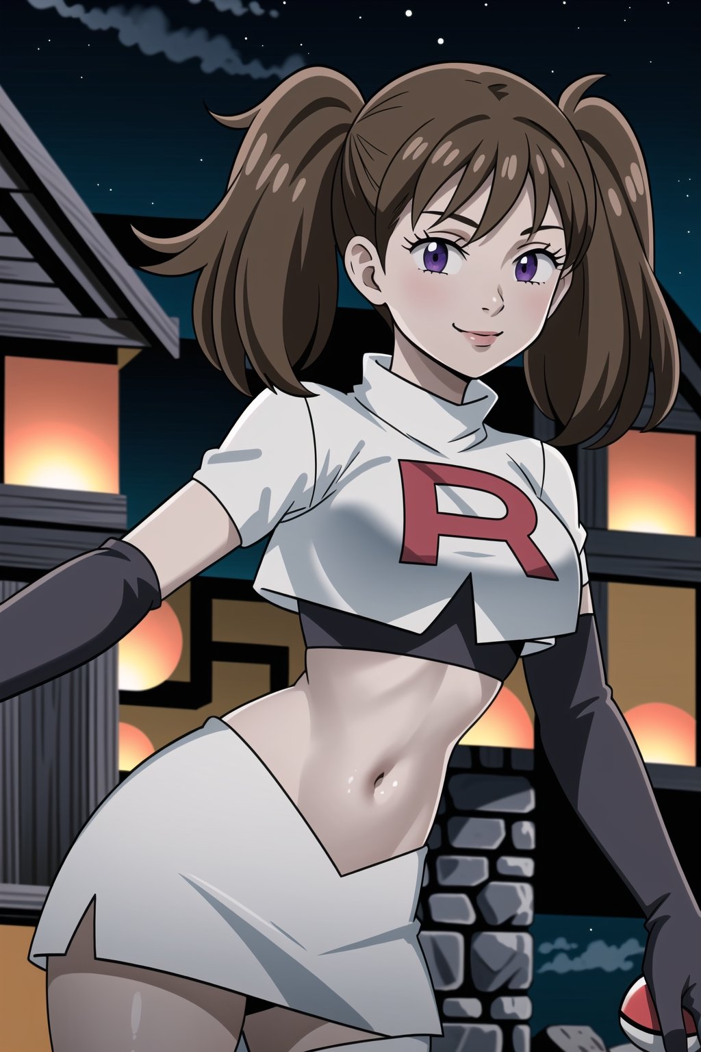 (best quality), (highly detailed), masterpiece, (official art), diane, twintails, brown hair, purple eyes, poke ball, poke ball (basic), holding poke ball, posing, lips, ( evil smile), , Team Rocket, cropped jacket, white jacket, crop top, jacket, gloves, black gloves, elbow gloves, navel, midriff, white skirt, miniskirt, skirt, thighhighs,, looking at viewer, china, asiática, city, night, sky, (intricately detailed, hyperdetailed), blurry background,depth of field, best quality, masterpiece, intricate details, tonemapping, sharp focus, hyper detailed, trending on Artstation,1 girl, high res, official art,<lora:659111690174031528:1.0>