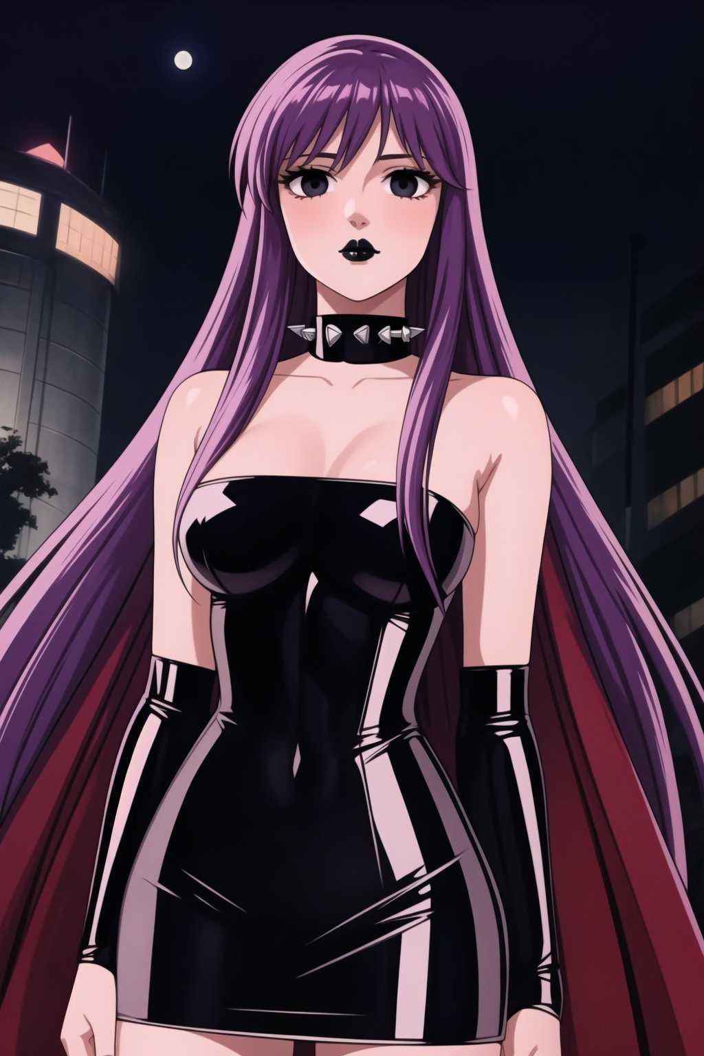 ((best quality)),  ((highly detailed)),  masterpiece,  ((official art)),(Saori Kido, Saori, long hair, purple hair),((black eyes, empty eyes,expressionless,hypnosis)),(((white skin))) ,((makeup,lipstick, black lips:1.2)),absurdres, (spiked collar:1.2), capelet,black cape, cape, coyboy shot:1.3, thighhighs, lips,  blush,  (black latex:1.3),  black dress:1.2,  miniskirt  ((bodyconf)),  bare shoulders,  (( strapless)),  large breast,  looking at viewer,  street,  city,  nigth,  moon,  club,  (nigth club),  , hd quality,  perfect face , realistic,  realistic body,  perfect face sync,  , b1mb0,,,black lips,Saori Kido