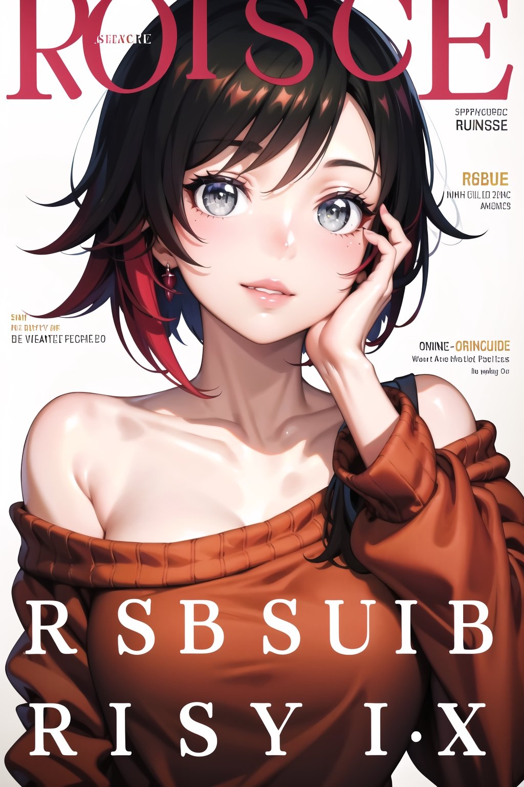 masterpiece, best quality, highres, ((ruby rose)),magazine cover, 1girl, looking at viewer, smile,long sleeves, jewelry, upper body, earrings, parted lips, off shoulder, character name, sweater, english text, lips, hand on own face, off-shoulder sweater, yellow sweate