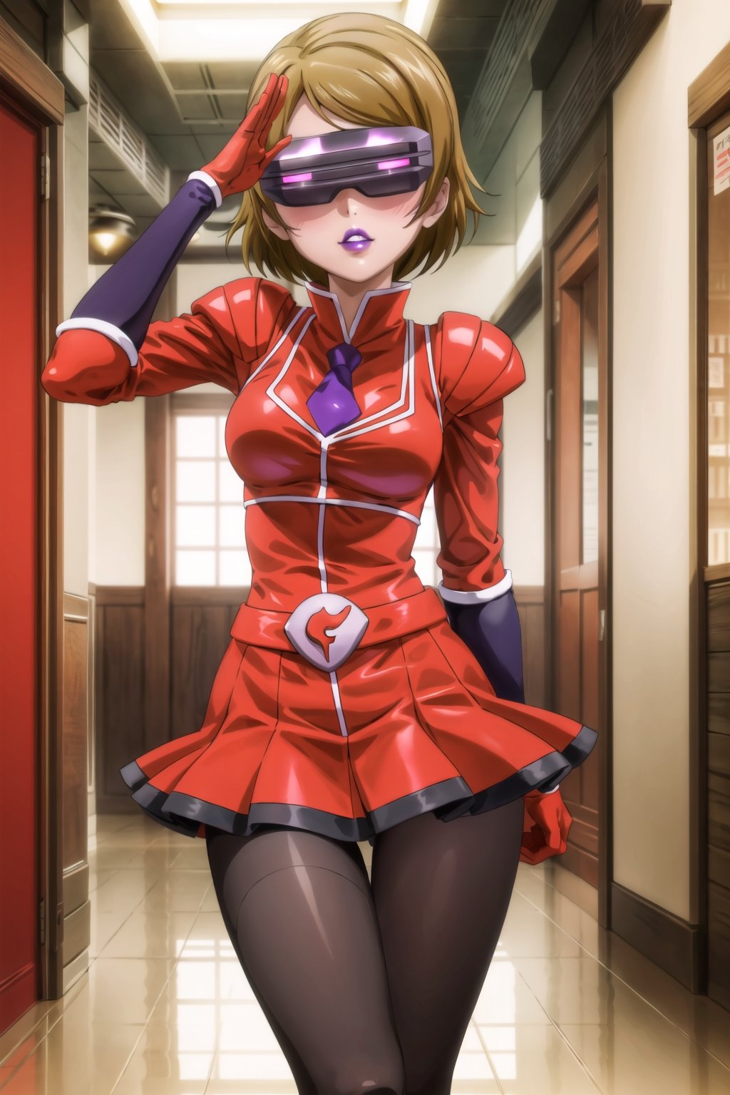 (best quality), (highly detailed), masterpiece, (official art),hanayo koizumi, brown hair, short hair, mature_female, 1girl, solo, ((head-mounted display)), ((purple lips:1.2)), (team flare:1.2),  gloves,((armor, juliet_sleeves:1.2)), long_sleeves , pleated skirt,  necktie, red dress, belt, red dress, (pantyhose, red footwear1.2), (lips:1.2), ((arms at sides)),, cowboy shot, looking at viewer, indoors, blurry background,depth of field, best quality, masterpiece, intricate details, tonemapping, sharp focus, hyper detailed, trending on Artstation, salute, ,honoka kousaka,hanayo koizumi
