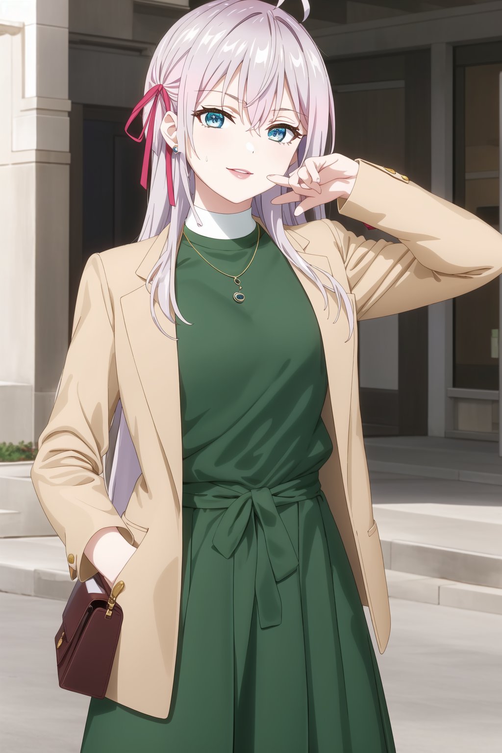  (best quality), (highly detailed), masterpiece, (official art), 1girl, solo, alya, long hair, grey hair, blue eyes, hair between eyes, hair ribbon, red ribbon, ahoge, lips , smile, pose, jewelry, long sleeves, open clothes, necklace, bag, green skirt, brown jacket, handbag, sweatdrop, sweater, open jacket, turtleneck, pendant, brown jacket, shopping