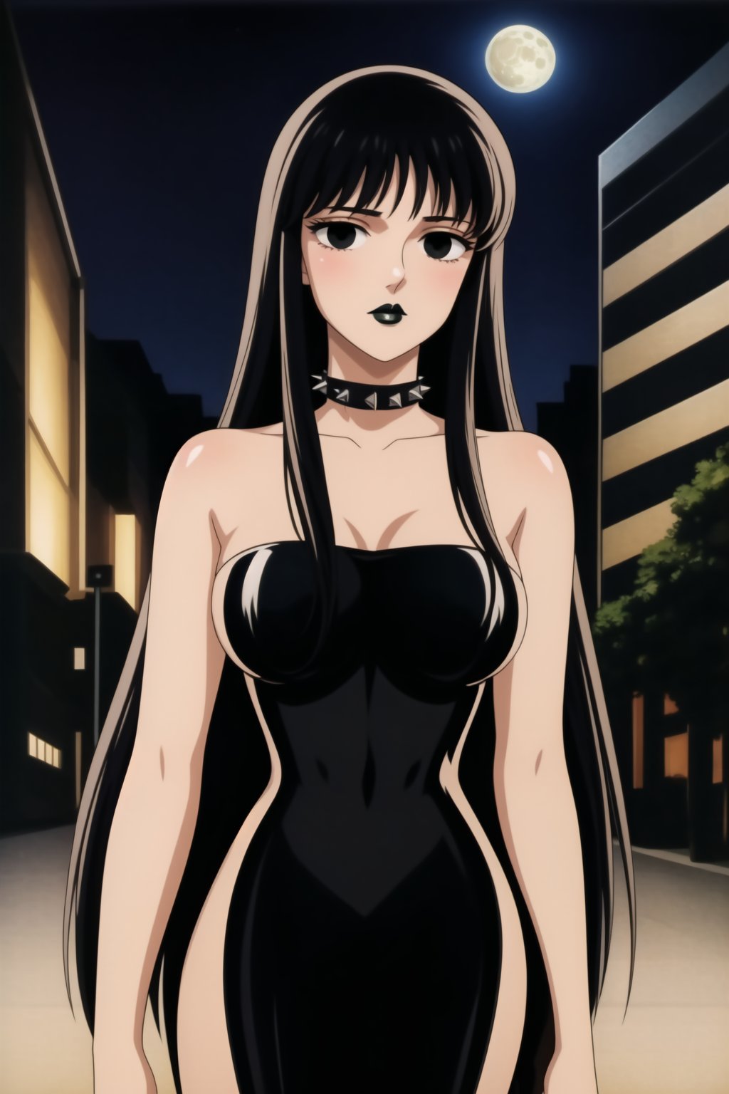 ((best quality)),  ((highly detailed)),  masterpiece,  ((official art)),(Saori Kido, Saori, long hair, black hair:1.3),((black eyes, empty eyes,expressionless,hypnosis)),(((white skin))) ,((makeup,lipstick, black lips:1.2)),absurdres, (spiked collar:1.2),  coyboy shot:1.3, thighhighs, lips,  blush,  (black latex:1.3),  black dress:1.2,  miniskirt  ((bodyconf)),  bare shoulders,  (( strapless)),  large breast,  looking at viewer,  street,  city,  nigth,  moon,  club,  (nigth club),  , hd quality,  perfect face , realistic,  realistic body,  perfect face sync,  , b1mb0,,,black lips,Saori Kido,