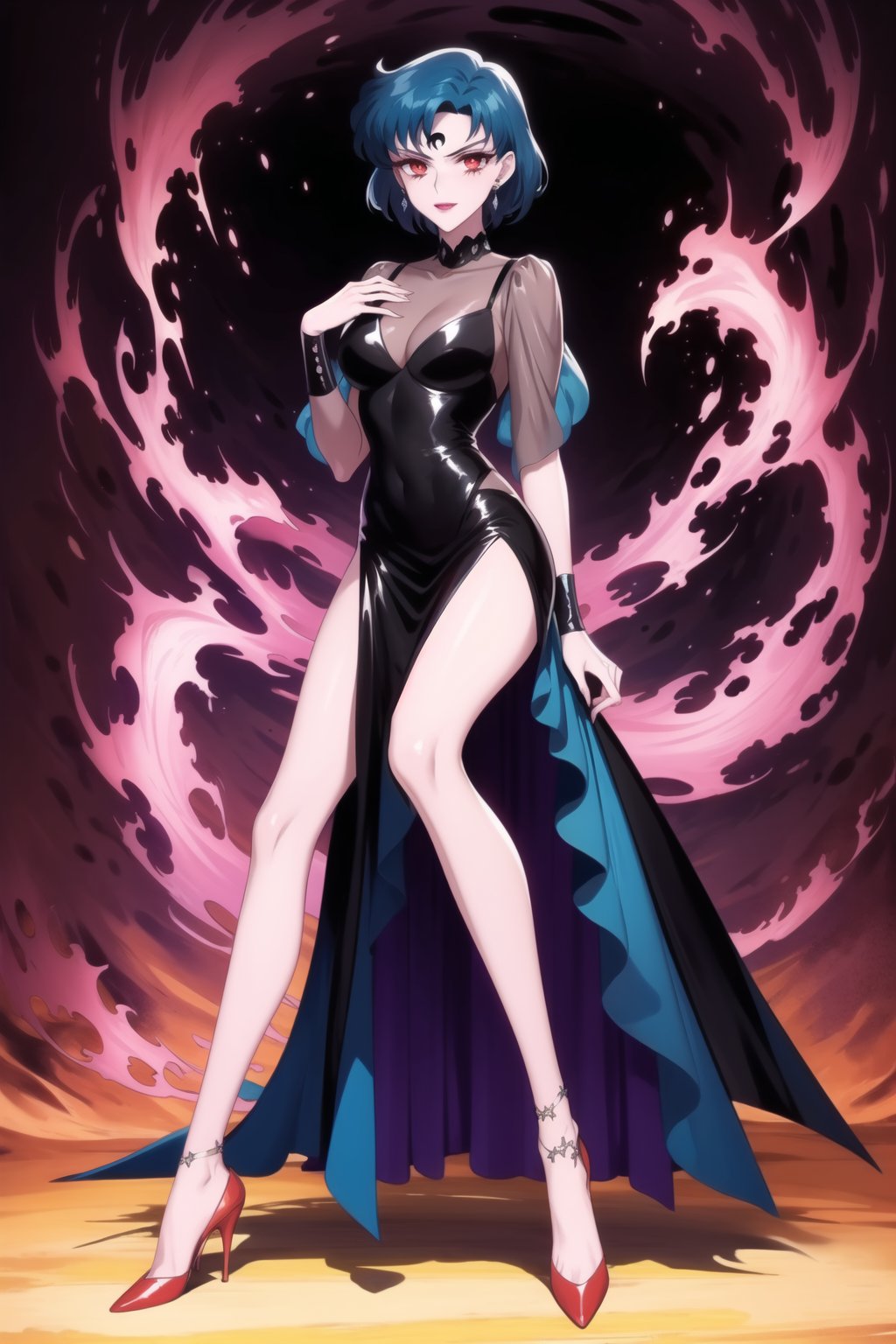 evil smile, red eyes, jewelry,  earrings, makeup, facial mark, lipstick,  forehead mark, crescent facial mark, crystal earrings,crescent, mer1, short hair, blue hair, dress,black dress, high heels, see-through,red footwear,side slit
(best quality), (highly detailed), masterpiece, (official art), A dark and mysterious female character inspired by classic anime style,  She has a cold, expressionless face with pale skin and dark, bold lips, giving her a commanding and intimidating presence.  The overall atmosphere is dark and mysterious, with a sense of power and control emanating from her poised stance.