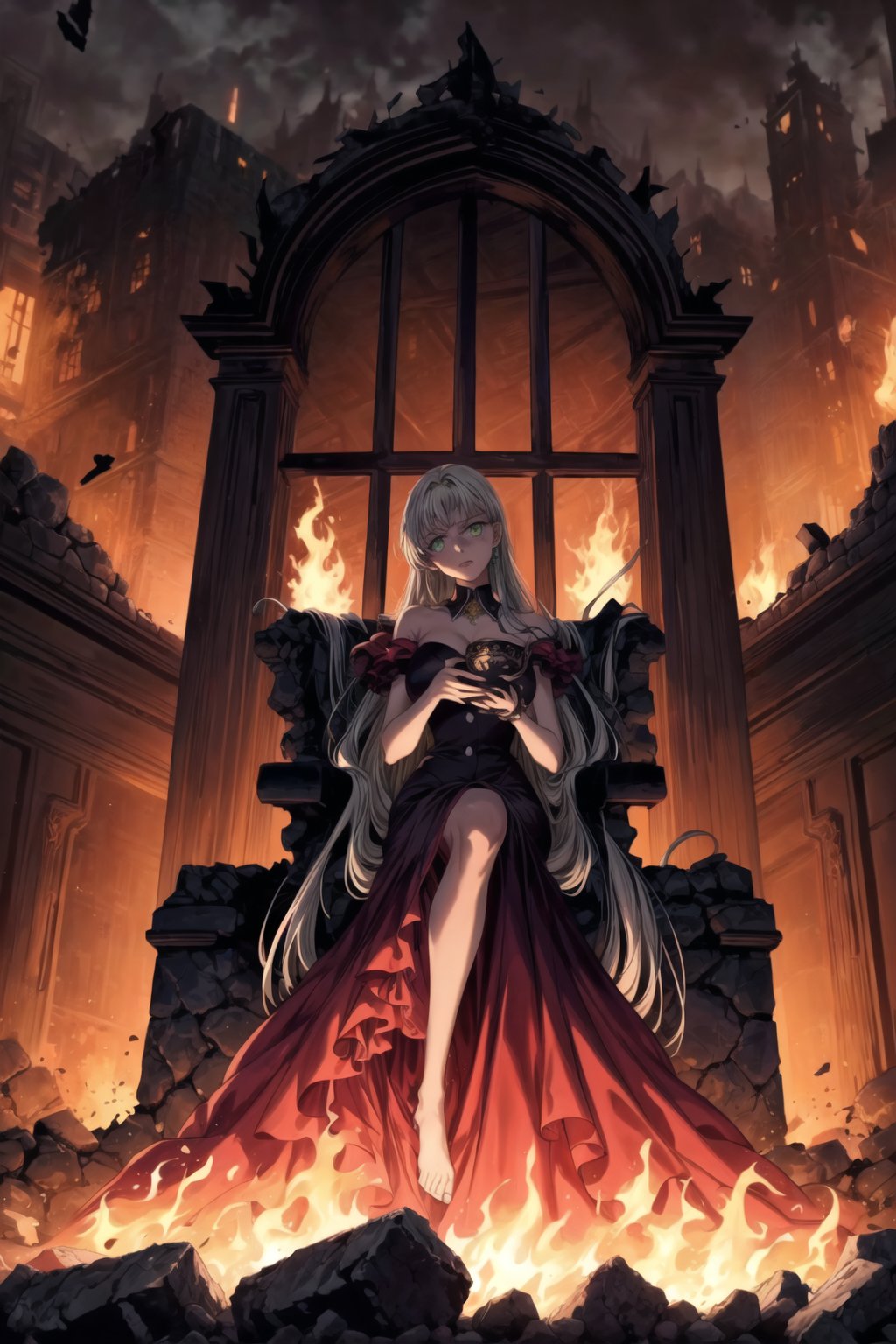 Anime illustration of Elizabeth, transformed into the corrupted ruler of Hell, sitting on a luxurious golden throne on a grand balcony. Her long hair flows from a gradient of white to black, symbolizing her descent into darkness, and her once green eyes now glow with a menacing red hue. She wears an elaborate black and red gown adorned with sinister symbols and glowing red accents, reflecting her dominance and cruelty.

Elizabeth's expression is cold and devoid of emotion as she holds a delicate porcelain teacup with her right hand, her left finger placed on her lips in a gesture of silence. Her gaze is fixed on the scene before her, a hellish landscape of a city engulfed in flames. Tall buildings and ancient architecture are crumbling and burning, casting an orange and red glow across the sky, creating a dramatic and chaotic atmosphere.

The balcony is decorated with large vases overflowing with vibrant red roses, some petals gently falling in the foreground, adding a touch of morbid beauty to the scene. The setting sun enhances the fiery ambiance, casting long shadows and illuminating the destruction.

On the table beside her, there are various elegant tea sets and a candlestick with lit candles, adding a warm light to the dark setting. Rivers of lava flow through the city, jagged rocks protrude from the ground, and tormented souls can be seen in the distance. Dark clouds swirl above with lightning illuminating the oppressive atmosphere of her dominion.

Details:

Elizabeth's gown has intricate gold embroidery and shoulder epaulets, signifying her regal yet malevolent status.
Her throne is adorned with dark, gothic designs and glowing red gems.
The flames and lava cast a flickering light on her cold, emotionless face, emphasizing her transformation.
The roses on the balcony are vibrant, yet some are wilted, symbolizing corruption and decay.
The background shows a mix of ruined ancient architecture and modern buildings, enhancing the sense of chaos and destruction.
The lighting highlights the contrast between the opulence of Elizabeth's appearance and the devastation of the landscape.