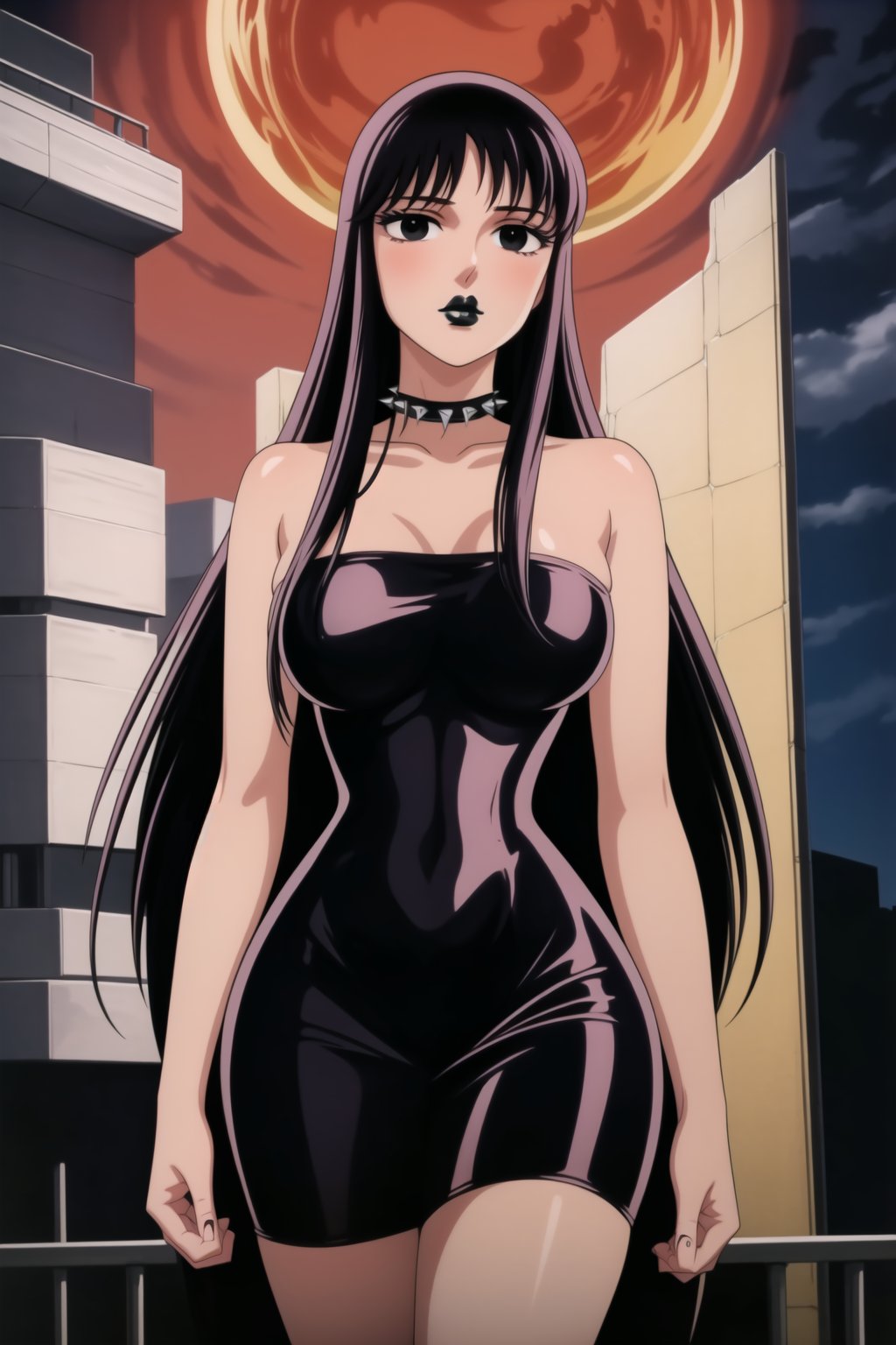 ((best quality)),  ((highly detailed)),  masterpiece,  ((official art)),(Saori Kido, Saori, long hair, black hair:1.3),((black eyes, empty eyes,expressionless,hypnosis)),(((white skin))) ,((makeup,lipstick, black lips:1.2)),absurdres, (spiked collar:1.2),  coyboy shot:1.3, thighhighs, lips,  blush,  (black latex:1.3),  black dress:1.2,  miniskirt  ((bodyconf)),  bare shoulders,  (( strapless)),  large breast,  looking at viewer,  street,  city,  nigth,  moon,  club,  (nigth club),  , hd quality,  perfect face , realistic,  realistic body,  perfect face sync,  , b1mb0,,,black lips