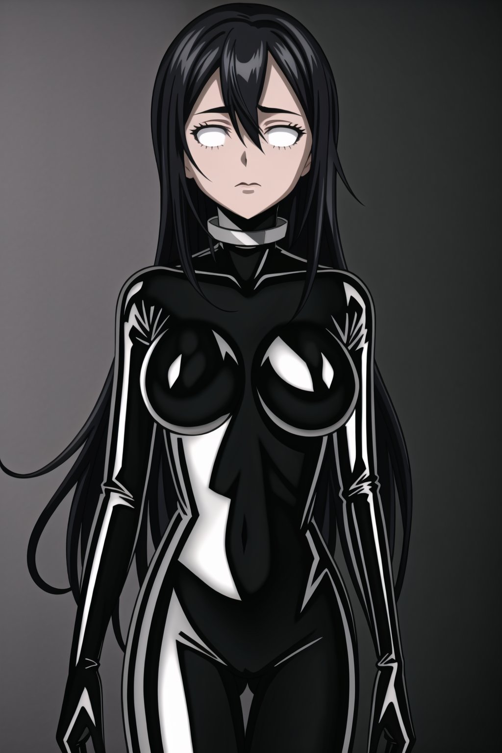 (best quality), (highly detailed), masterpiece, (official art), makeup, 1girl, solo,kirito,long hair,black hair,hair between eyes, very long hair,closed mouth,(graybot:1.2), black bodysuit, (shiny body:1.2), (shiny clothes),latex bodysuit, large breast, looking at viewer,  ,graybot,(whiteeyes),((black background, simple background)),StandingAtAttention,,,,<lora:659111690174031528:1.0>