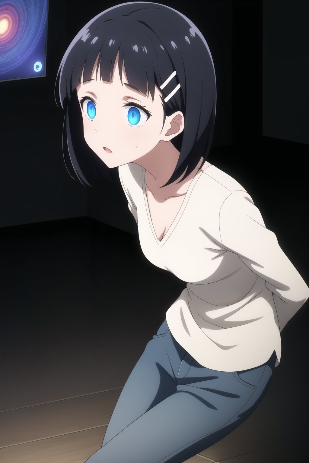 ((best quality)),  masterpiece, dynamic angle, (microchip), suguha, Bob cut, short hair, black hair, hair clip,  Anime illustration, close-up of a woman, standing, completely hypnotized, in a trance. Wearing a casual outfit with a white blouse and blue jeans, eyes wide open with swirling patterns, expression blank and unresponsive, arms hanging limply at her sides. Background is a dark room with a glowing, spiraling hypnotic pattern on a large screen behind her, casting an eerie light. The room is dimly lit with shadows, creating a mysterious and unsettling atmosphere. Subtle fog effects on the floor, adding to the surreal ambiance.