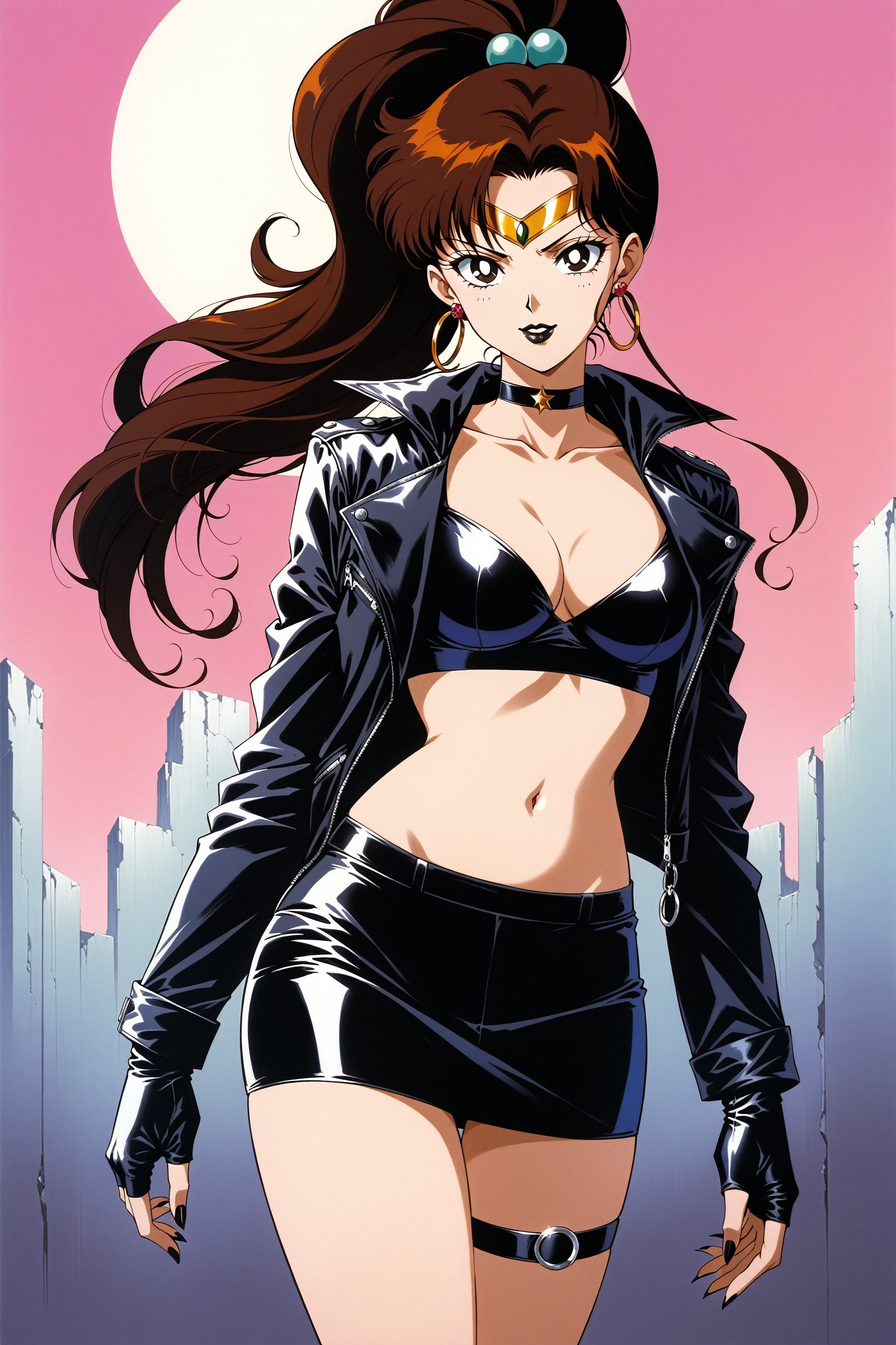 (masterpiece, best quality, very aesthetic, ultra detailed), lips, black lips:1.2, evil smile, evil, villain, corrupted, dark persona,intricate details, 4k, aajupiter, long hair, brown hair, ponytail, hair bobbles,, black gloves, black jacket:1.2, black skirt:1.2, breasts, cleavage, closed mouth, collarbone, cowboy shot, ((black crop top)), hoop earrings, fingerless gloves, gloves, highres, black leather jacket, jewelry, , medium breasts, midriff, miniskirt, navel, pencil skirt, skirt, solo, standing, stomach, striped, striped bow, thigh strap,((retro anime style, detailed retro anime)), tiara, black choker