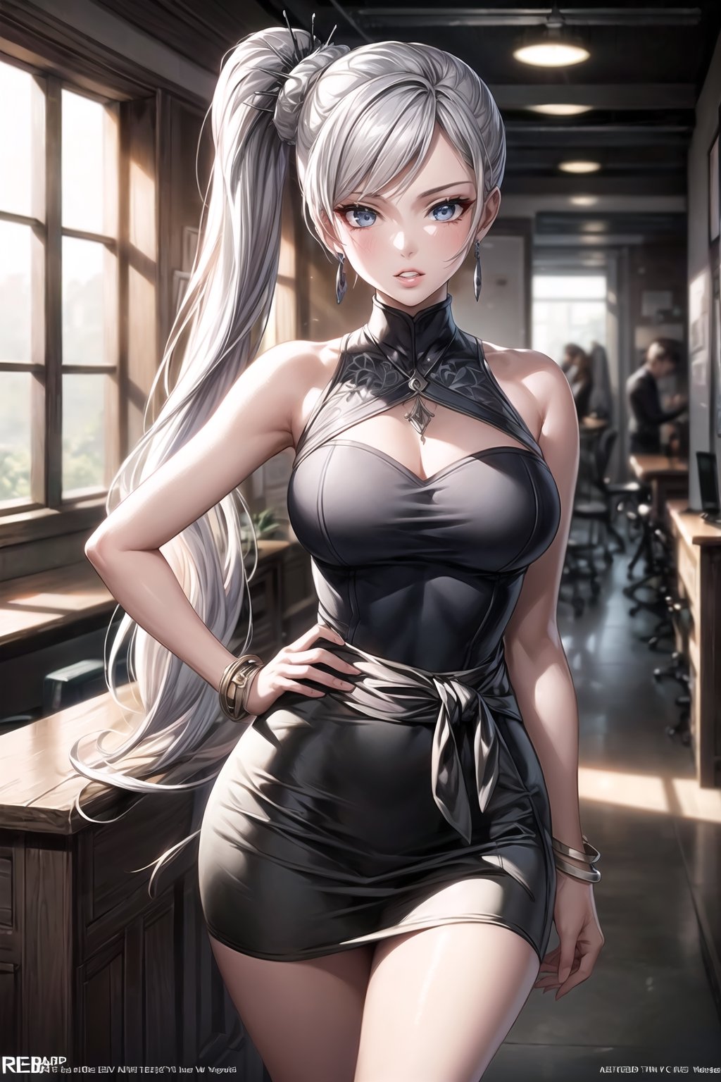 ((best quality)),  ((highly detailed)),  masterpiece,  ((official art)), (weissvale, side ponytail, earrings),lips, sleeveless, bare shoulders, figure, turtleneck, black shirt, black pencil skirt,office, lady office, print skirt, floral print, high-waist skirt, shirt_tucked_in, building, bracelet, parted lips, cellphone picture, indoors, intricately detailed, hyperdetailed, blurry background, depth of field, best quality, masterpiece, intricate details, tonemapping, sharp focus, hyper detailed, trending on Artstation, 1 girl, high res, official art