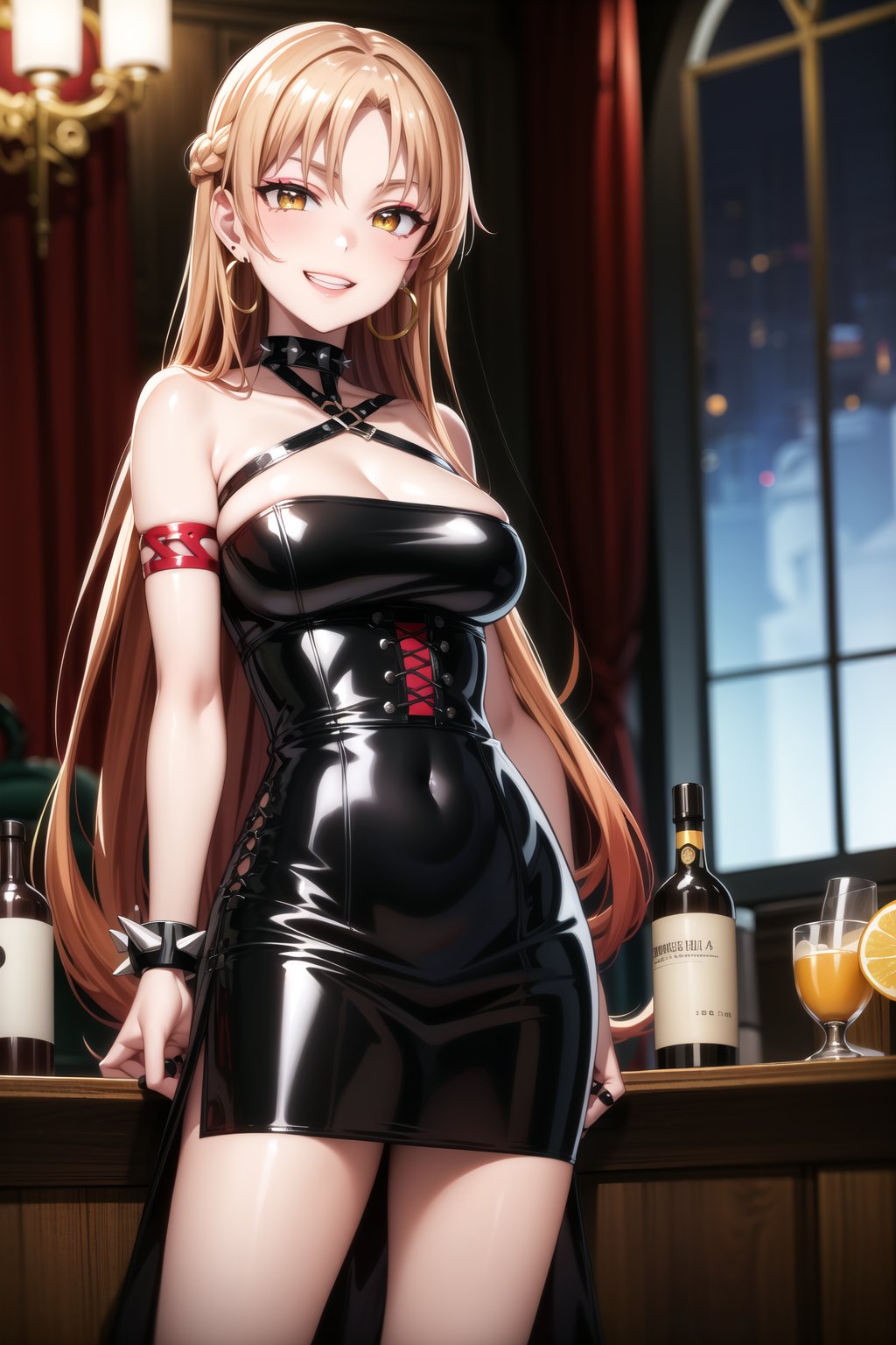 masterpiece,best quality,highres,ultra-detailed, asuna yuuki, long hair,  orange hair, red hair, yellow eyes,(lips:1.2), (cross-laced clothes:1.3), narrow_waist:1.3, dominatrix:1.4 , (intricate short Black dress:1.4), (arms at sides:1.3), ,((smirk, grin, Open mouth, naughty face, seductive smile, smug)), (spiked bracelet), corset:1.4, (black hoop earring:1.3), curvaceous, voluptuous body, (latex:1.5), (black tube top:1.2), black choker, pencil skirt,  miniskirt, (black skirt),  black nails,large breasts:1.3,, (royal room:1.2),standing, StandingAtAttention,b1mb0,night club,lemon0021,,,RockOfSuccubus,asuna yuuki