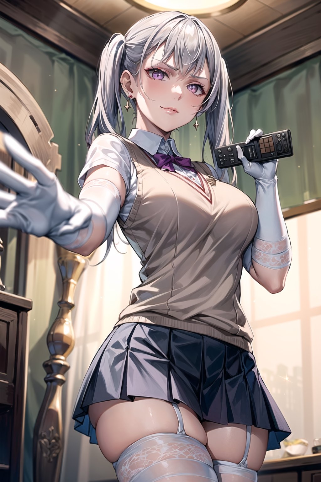 ((best quality)),  ((highly detailed)),  masterpiece,1girl, noelle_silva, silver hair,purple eyes, twintails, bangs, earrings, jewelry, ((remote_control, aiming_at_viewer, closed_mouth, sparkling_eyes, smug, shaded_face)),(large breasts), tokiwadai school uniform, sweater vest, short sleeves, ((white gloves, elbow gloves)), pleated skirt, white thighhighs ,1girl, lips:1.2, makeup:1.2, ((gyaru)) , looking at viewer, standing, cowboy shot, school, 