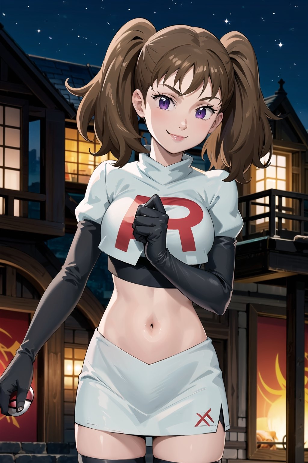 (best quality), (highly detailed), masterpiece, (official art), diane, twintails, brown hair, purple eyes, poke ball, poke ball (basic), holding poke ball, posing, lips, ( evil smile), , Team Rocket, cropped jacket, white jacket, crop top, jacket, gloves, black gloves, elbow gloves, navel, midriff, white skirt, miniskirt, skirt, thighhighs,, looking at viewer, china, asiática, city, night, sky, (intricately detailed, hyperdetailed), blurry background,depth of field, best quality, masterpiece, intricate details, tonemapping, sharp focus, hyper detailed, trending on Artstation,1 girl, high res, official art