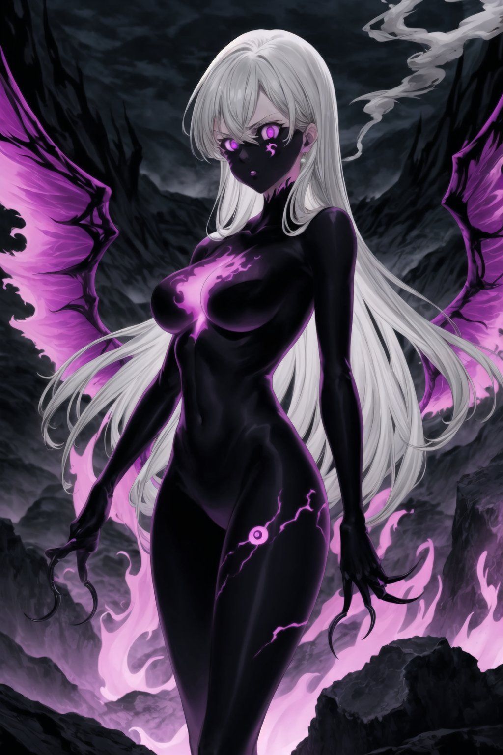 monochrome,greyscale,(tattoo,facial mark,aura,glowing,bodypaint,smoke,dark aura:1.2),1girl,long hair,medium breasts,black hair,angry,purple eyes,wings,claws,looking at viewer,nude,censored,armor,convenient censoring,Elizabeth, black hair, lips, ruler of hell, stands as a malevolent dictator, her long hair flowing like darkness itself, gradient from white to dark, framing her cold gaze. Her elaborate gown, adorned with sinister symbols and glowing red accents, reflects her dominance and cruelty. The background features a hellish landscape: rivers of lava, jagged rocks, tormented souls, and dark clouds with lightning. Eerie, red and black glows illuminate the scene, capturing the dark and oppressive atmosphere of her dominion.