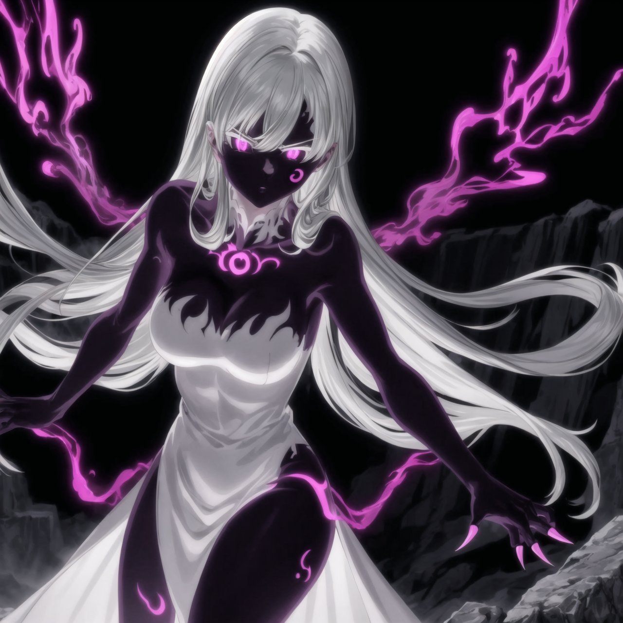 monochrome,greyscale,(tattoo,facial mark,aura,glowing,bodypaint,smoke,dark aura:1.2),1girl,long hair,medium breasts,black hair,angry,purple eyes,wings,claws,looking at viewer,nude,censored,armor,convenient censoring,Elizabeth, black hair, lips, ruler of hell, stands as a malevolent dictator, her long hair flowing like darkness itself, gradient from white to dark, framing her cold gaze. Her elaborate gown, adorned with sinister symbols and glowing red accents, reflects her dominance and cruelty. The background features a hellish landscape: rivers of lava, jagged rocks, tormented souls, and dark clouds with lightning. Eerie, red and black glows illuminate the scene, capturing the dark and oppressive atmosphere of her dominion.