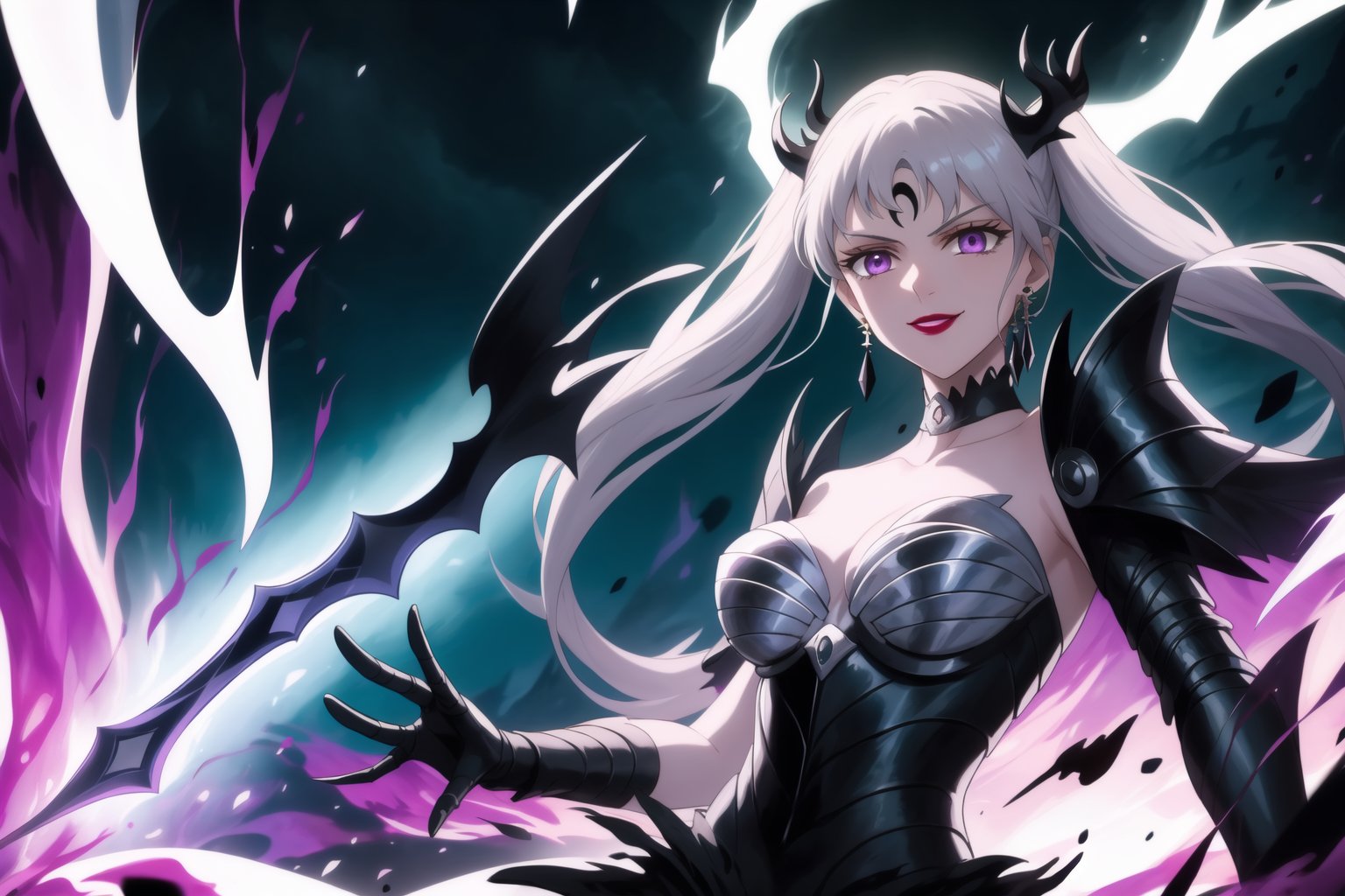 Here is a high-quality prompt for generating an image:

Official art masterpiece by noelle_silva,silver hair,twintails,bangs,purple eyes, Dark Thunder, aged up, poses confidently with silver hair flowing in the darkness. Her evil smile spreads across lips painted with bold lipstick, as she summons dark electricity to attack her foe. She wears retro-inspired armor, gloves, and jewelry, including black crystal earrings and a choker. A crescent-shaped facial mark glows ominously on her forehead. In the background, a subtle hint of a black moon casts an eerie shadow, further emphasizing her malevolent aura. Armor, wings, Holdibg a Dark Sword while charge a energy attack,