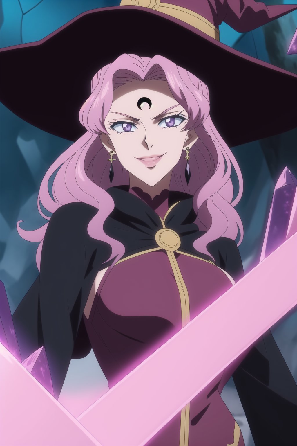 (best quality), (highly detailed), masterpiece, (official art), Vanessa, pink hair, purple eyes, long hair, bangs, witch hat, makeup, ((forehead mark, crescent facial mark, black crystal earrings)), aged up, evil smile, lips, lipstick, posing, anime coloring, , A dark and mysterious female character inspired by the style of classic anime. She has an evil face with an evil smile, giving her an imposing and intimidating presence. The overall atmosphere is dark and mysterious, with a sense of power and control emanating from her posture.,