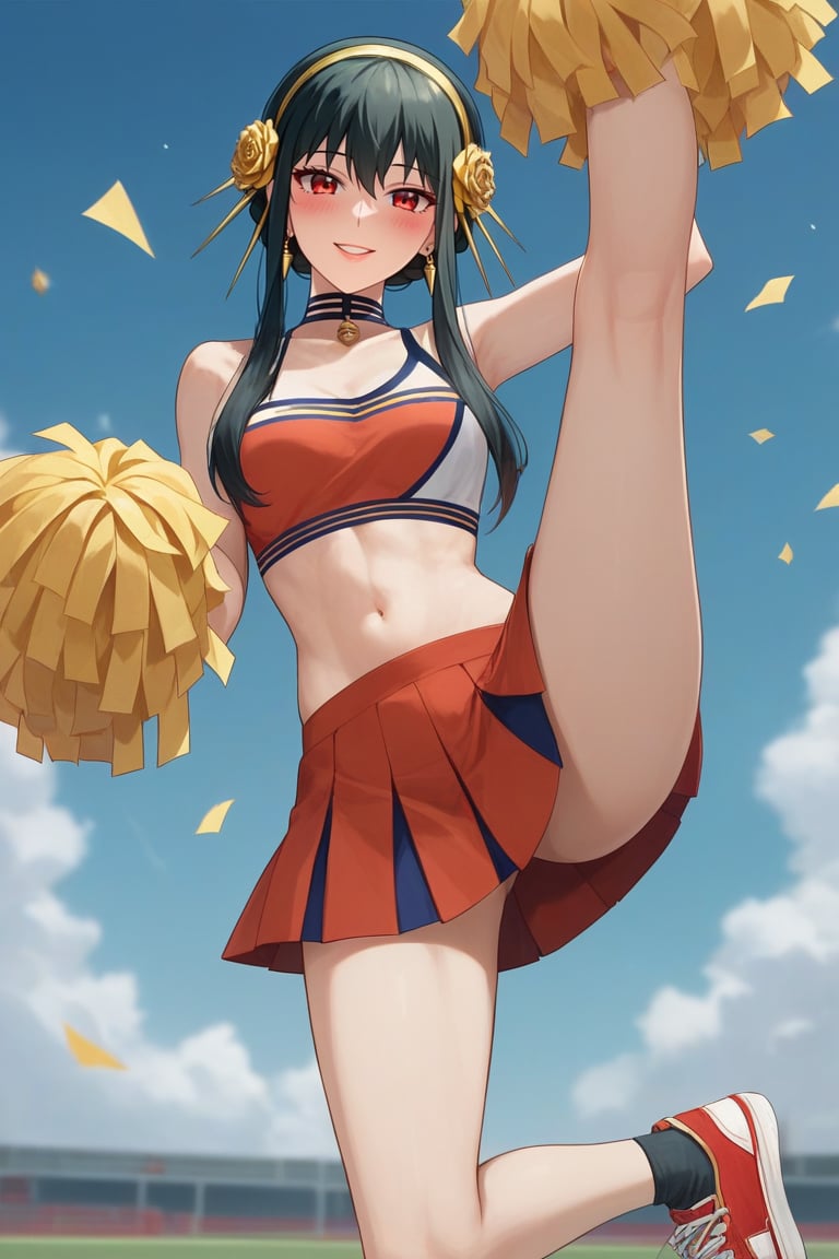 score_9, score_8_up, score_7_up, source_anime BREAK 1girl, solo, yor briar, black hair, short hair with long locks, bangs, red eyes,girl,cute face,clear skin,shiny hair,ultra detailed eyes  jyojifuku, cheerleader, pom pom \(cheerleading\),leg up, navel, skirt