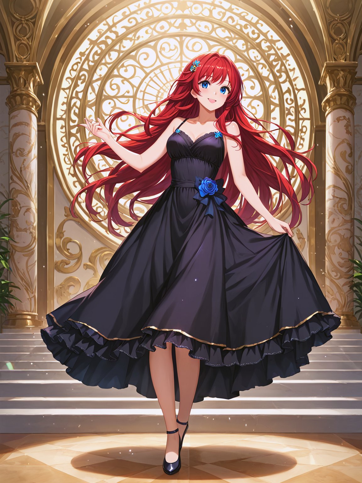 masterpiece, best quality, ultra-detailed, perfect hands, perfect anatomy, High detailed, detailed background, full body, kannakamui, nanasemei, Claudia, kanade, solo, No public hair, extremely pretty face, beautiful face, ultra-detaild face, cute and round face, Shiny long hair, red hair, casual, ultra-detailed eyes, round eyes, blue eyes,

[BREAK]
1 girl ,6-years-old,sysdeep_rias,black dress,dancing,dance,

(Exact finger count, beautiful and delicate and ultra-detailed finger, 1 of the 5 fingers is a thumb ,hand is beautiful and  natural shape), 
beautiful face, ultra-detailed eyes, detailed hands, score_9, score_8_up,score_7_up, detailed fingers,