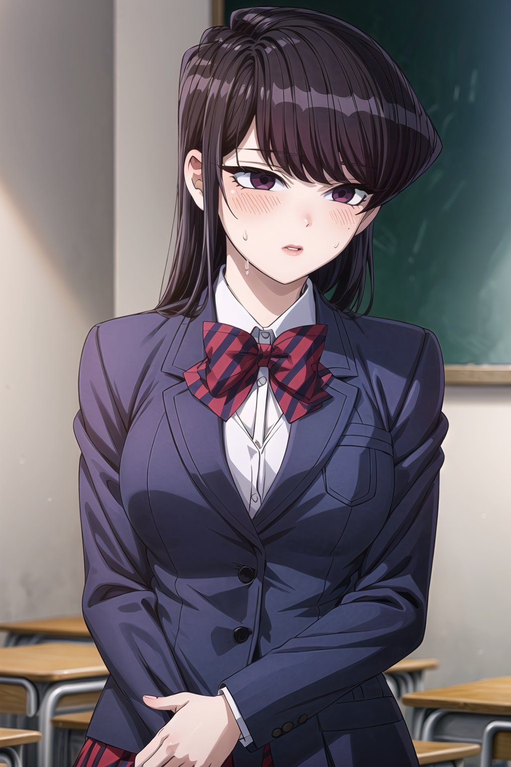 ((best quality)),  ((highly detailed)),  masterpiece,  ((official art)),  SK, lips, school, schoolroom, standing, chalkboard ,looking at viewer, (body trembling:1.3, scary:1.2, fear:1.2), ((sweat, weat,blush)), parted lips, dark blue blazer, striped bowtie, school uniform,  v arms, pantyhose, classroom, cowboy shot, school uniform, red skirt, red bow, blazer,,  girl,  indoors,  intricately detailed,  hyperdetailed,  blurry background, depth of field,  best quality,  masterpiece,  intricate details,  tonemapping,  sharp focus,  hyper detailed,  trending on Artstation, 1 girl,  high res,  official art,SK,StandingAtAttention