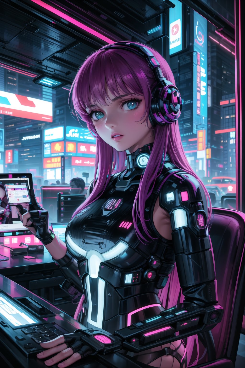masterpiece,best quality,highres,ultra-detailed,purple hair, long hair, Saori, ((hacker)), ,fishnets ,computer, monitor, wive, cable,(( cyberpunk)), indoors, neon nigth, ((Cyborg)), ((star wars)), chip, cyberpunk, collar, confident and curious gaze, futuristic cyberpunk hacker attire, high-tech bodysuit with glowing circuitry patterns, fingerless gloves underground hacker den, surrounded by screens displaying code and data, typing rapidly on a holographic keyboard, exuding intelligence and tech-savviness, cyberpunk and gritty atmosphere, dark color palette with neon highlights