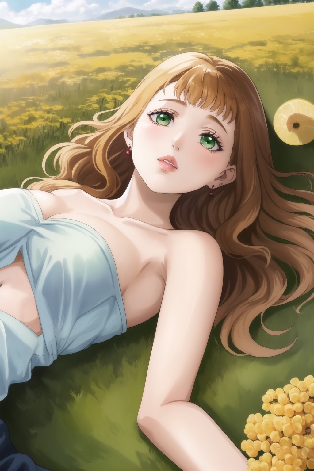 masterpiece, best quality, highres,Sexy, Mimosa Vermillion, dreamy green eyes, earrings, with astounding soft skin and soft pale body, body covered in mimosas flowers, (long brown wavy hair flowing around her until mid-thigs:1.05), sensual look, looking at you, lips, lying on a field of mimosas, fulll body, frontal view, strange fashion Women'sday_theme (Professional illustration)