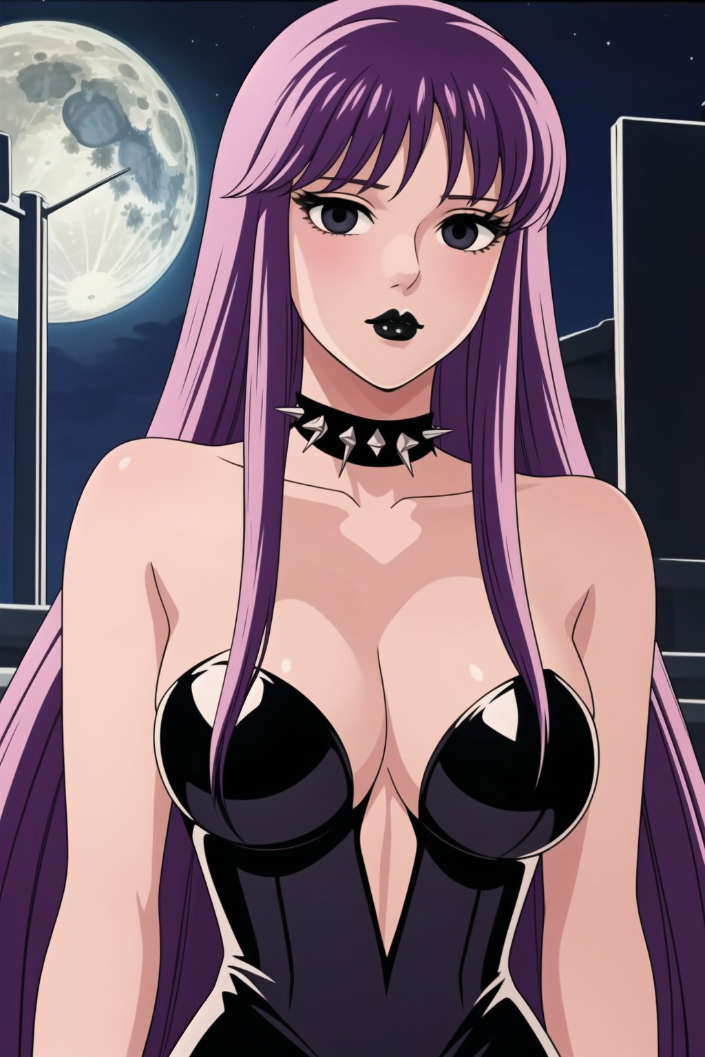 ((best quality)),  ((highly detailed)),  masterpiece,  ((official art)),(Saori Kido, Saori, long hair, purple hair),((black eyes, empty eyes,expressionless,hypnosis)),(((white skin))) ,((makeup,lipstick, black lips:1.2)),absurdres, (spiked collar:1.2), coyboy shot, lips,  blush,  (black latex:1.3),  black dress:1.2,  miniskirt  ((bodyconf)),  bare shoulders,  (( strapless)),  large breast,  looking at viewer,  street,  city,  nigth,  moon,  club,  (nigth club),  , hd quality,  perfect face , realistic,  realistic body,  perfect face sync,  , b1mb0,,,black lips,Saori Kido