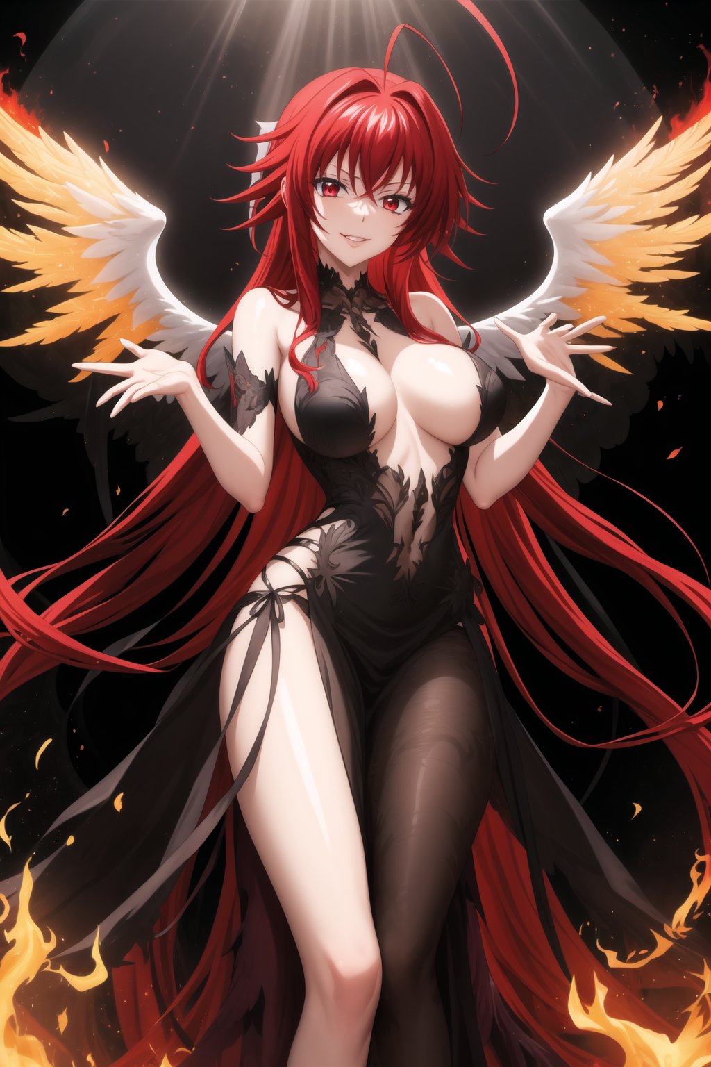 (best quality), (highly detailed), masterpiece, (official art), Rias Gremory as a malevole demon , lips evil smile, with long flowing red hair and a delicate ahoge, darkness black wings spread wide behind her. She is wearing a intricatr, elegant black gown that flows gracefully around her, softly billowing as she floats in the hell. Rias stands with her arms,as if welcoming you with a violento and demonic presence, her red eyes. Rays of dark light shine down from the heavens, illuminating her figure, while she hovers among soft, glowing fire. The hell with red rays breaking through, creating atmosphere. Her wings emit a darkness, ethereal light, adding to her demonic presence.