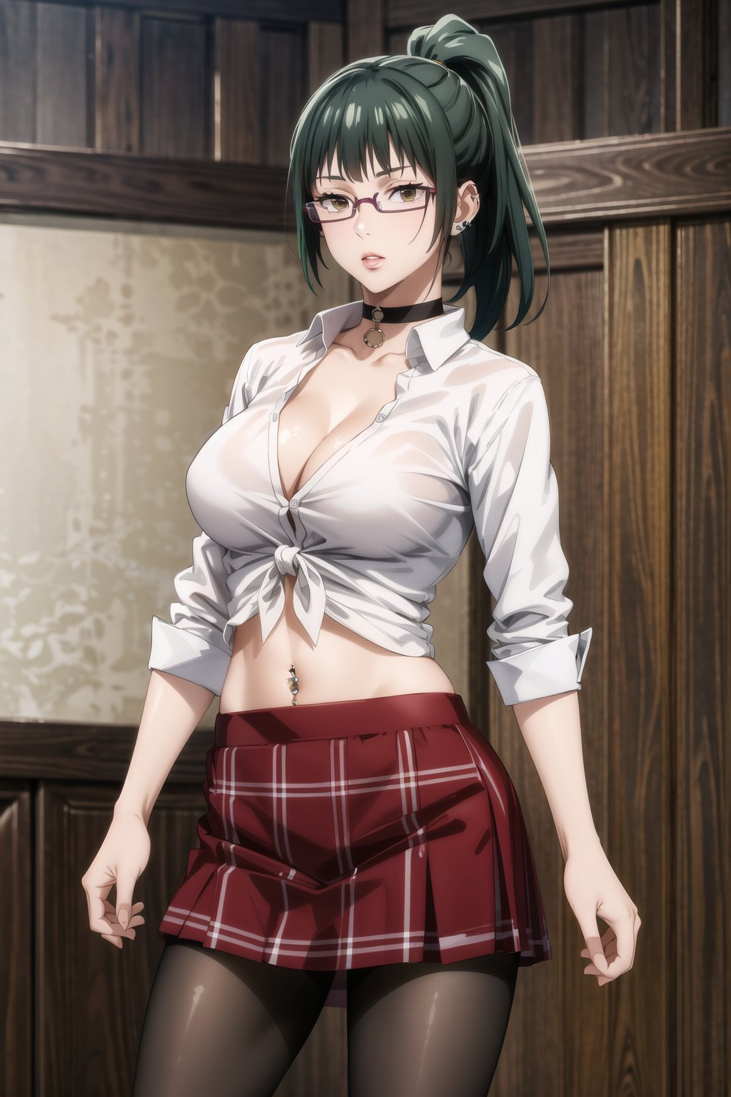 masterpiece,best quality,highres,ultra-detailed, zenin_maki, green hair, brown eyes, ponytail, glasses, bangs, white shirt, skirt, large breasts, navel, cleavage, pantyhose,  choker, midriff, miniskirt, lips, plaid, red plaid skirt, piercing, fishnets,  fishnet pantyhose, white tied shirt:1.2, navel piercing, , standing, StandingAtAttention,