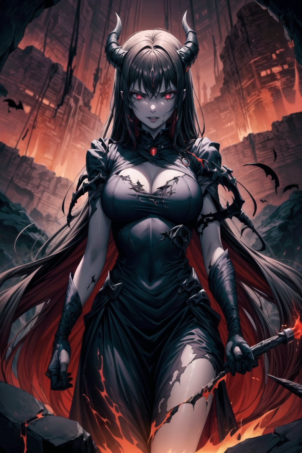 Elizabeth, black hair, lips, ruler of hell, stands as a malevolent dictator, her long hair flowing like darkness itself, gradient from white to dark, framing her cold gaze. Her elaborate gown, adorned with sinister symbols and glowing red accents, reflects her dominance and cruelty. The background features a hellish landscape: rivers of lava, jagged rocks, tormented souls, and dark clouds with lightning. Eerie, red and black glows illuminate the scene, capturing the dark and oppressive atmosphere of her dominion.