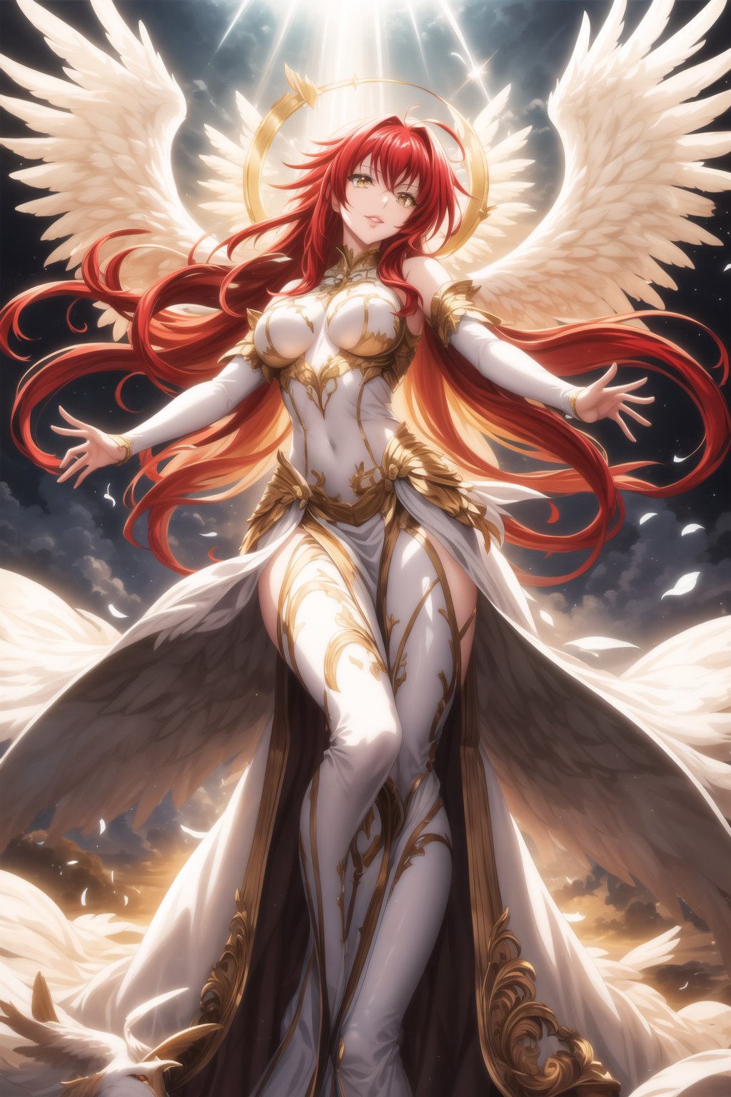 (best quality), (highly detailed), masterpiece, (official art), Rias Gremory as a serene angel, lips smile, with long flowing red hair and a delicate ahoge, luminous white wings spread wide behind her. She is wearing a simple, elegant white gown that flows gracefully around her, softly billowing as she floats in the sky. Rias stands with her arms gracefully open, as if welcoming you with a serene and benevolent presence, her yellow eyes. Rays of divine light shine down from the heavens, illuminating her figure, while she hovers among soft, glowing clouds. The sky is a serene blend of soft pastels, with golden rays breaking through, creating a heavenly and peaceful atmosphere. Her wings emit a gentle, ethereal light, adding to her angelic presence.