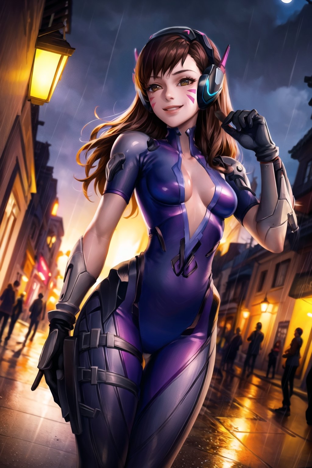 ((best quality)), ((highly detailed)), masterpiece, ((official art)), aahana, long hair, brown hair, headphones, whisker markings, shoulder pads,, ligth smile, (widowsuit:1.2), medium breasts, tattoo, (arm tattoo:1.2) ,pose, best quality, masterpiece, intricate details, scenary, city, outdoors, rain, water drop, night, sky, moon, trending on Artstation, thigh gap,  black gloves,