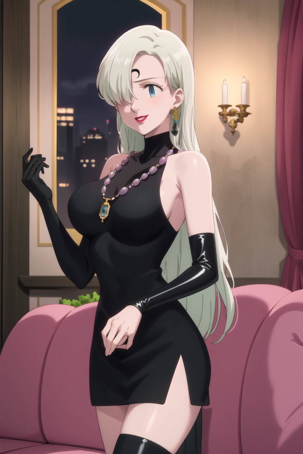 (best quality), (highly detailed), masterpiece, (official art),elizabeth, long hair, blue eyes, white hair, hair over one eye, single earring,, lips, smile, lipstick, makeup,
((Forehead mark, crescent facial mark, black crystal earrings, jewelry)).  Dark  dress, black latex, black sleeveless dress, turtleneck_dress, short dress, elbow gloves, green gloves, thighhighs, large necklace, ((gemstone necklace:1.2)), standing,
Modern luxury lounge with dim lighting, featuring sleek black leather sofas, glass tables, and soft ambient lighting from wall sconces. A large window in the background reveals a city skyline at night, adding a touch of sophistication to the scene