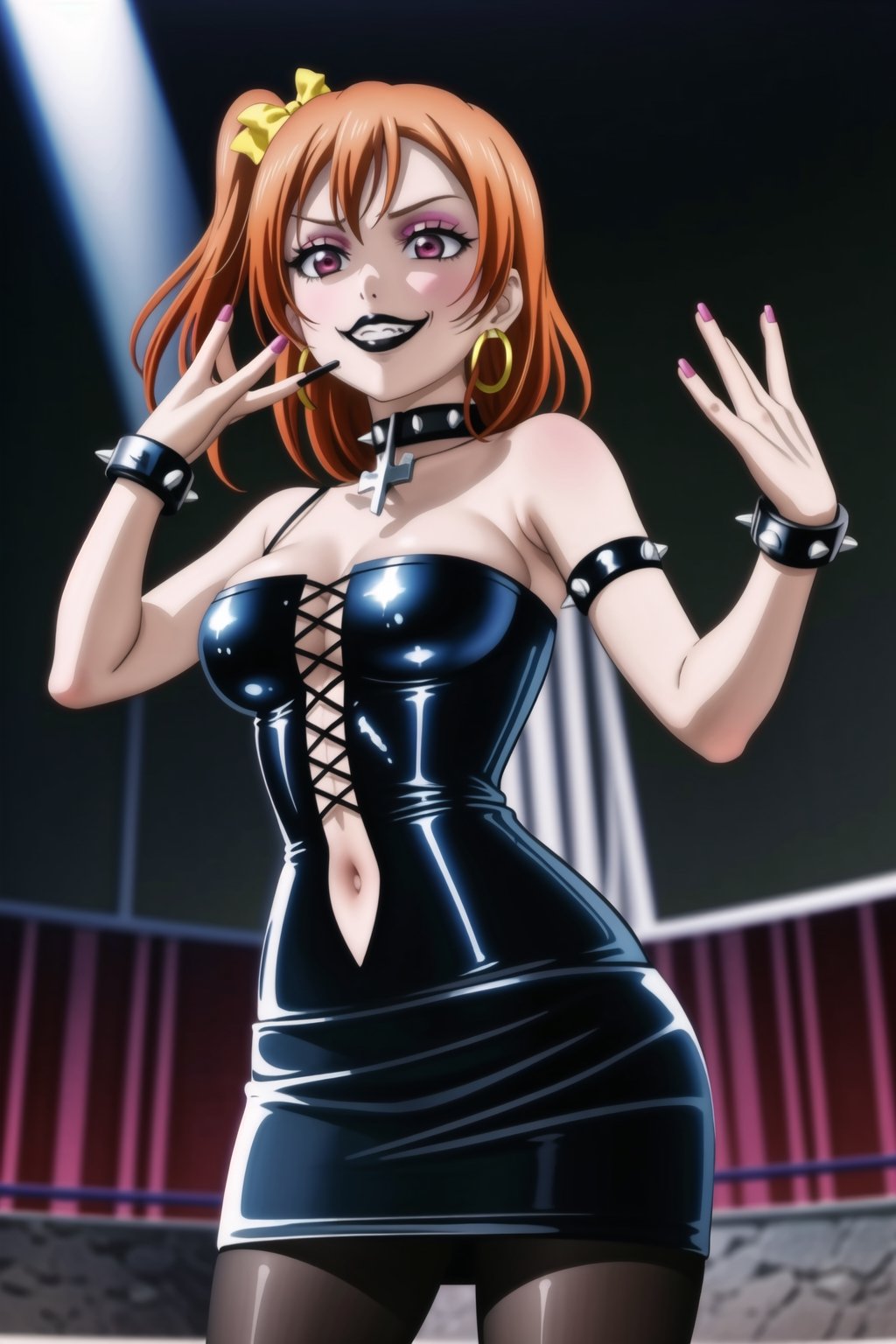 ((best quality)),  ((highly detailed)),  masterpiece,(Black lips:1.4), (white skin:1.4), ((official art)),  detailed face,  beautiful face, (cross-laced clothes:1.3), narrow_waist:1.3, dominatrix:1.4 , (intricate Black dress:1.4), (detailed eyes,  deep eyes),(science fiction, cyberpunk:1.3, street, shopping, pose:1.3, dancing:1.3),((smirk, grin, naughty face, seductive smile, smug)) ,cowboy shot,(lips), kousaka honoka, yellow hair bow, one side up, orange hair,  medium hair, (red eyes:1.3),   (spiked bracelet), corset:1.4, (black hoop earring:1.3), curvaceous, voluptuous body, (makeup:1.5) (lips:1.3), (latex:1.3),  (black tube top:1.2), gloves,elbow gloves, skirt, black choker, pencil skirt, pantyhose, miniskirt, (black skirt), black gloves, black legwear, black nails,large breasts:1.2, (intricately detailed, hyperdetailed), blurry background, depth of field, best quality, masterpiece, intricate details, tonemapping, sharp focus, hyper detailed, trending on Artstation, 1 girl, solo, high res, official art,RockOfSuccubus,kousaka honoka,honoka kousaka,<lora:659111690174031528:1.0>