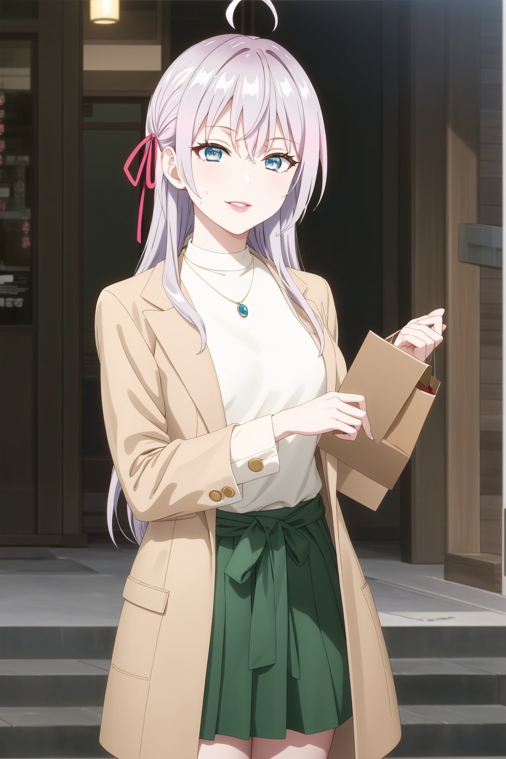  (best quality), (highly detailed), masterpiece, (official art), 1girl, solo, alya, long hair, grey hair, blue eyes, hair between eyes, hair ribbon, red ribbon, ahoge, lips , smile, pose, jewelry, long sleeves, open clothes, necklace, bag, green skirt, brown jacket, handbag, sweatdrop, sweater, open jacket, turtleneck, pendant, brown jacket, shopping