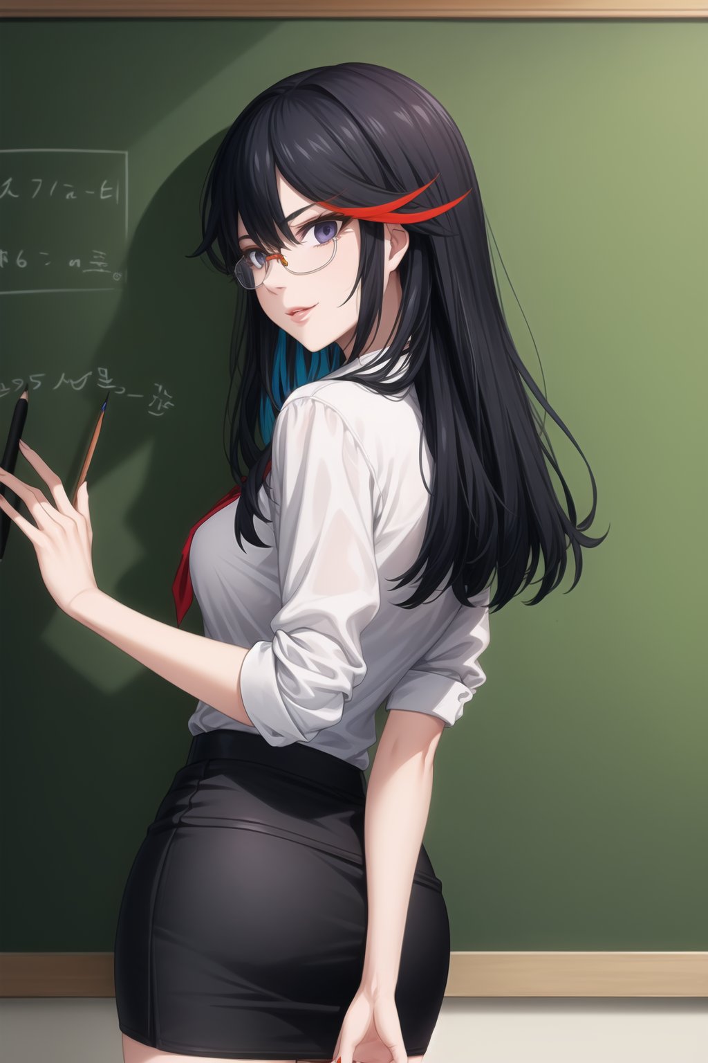 A medium-close-up shot of Ryuuko Matoi, the SKS Office Lady, stands expressionless with empty eyes, her lips subtly parted as if in a state of subtle hypnosis. Her multicolored, long hair cascades down her back, framing her bespectacled face and red-framed eyewear. She adjusts her semi-rimless glasses, her hands steady and controlled, as she stands before a chalkboard covered in notes. Her pencil skirt hugs her legs, paired with white legwear and blue footwear. A subtle smile plays on her lips, exuding professionalism in her formal attire.